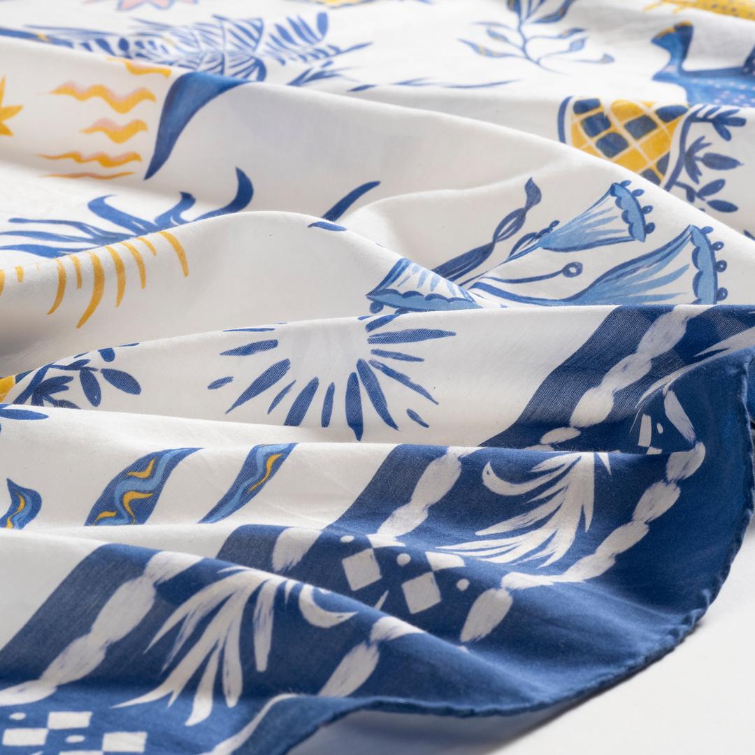 Pera Dijital Baskılı Pamuk Pamuk İpek Pareo 140x140 Cm Mavi - Beyaz