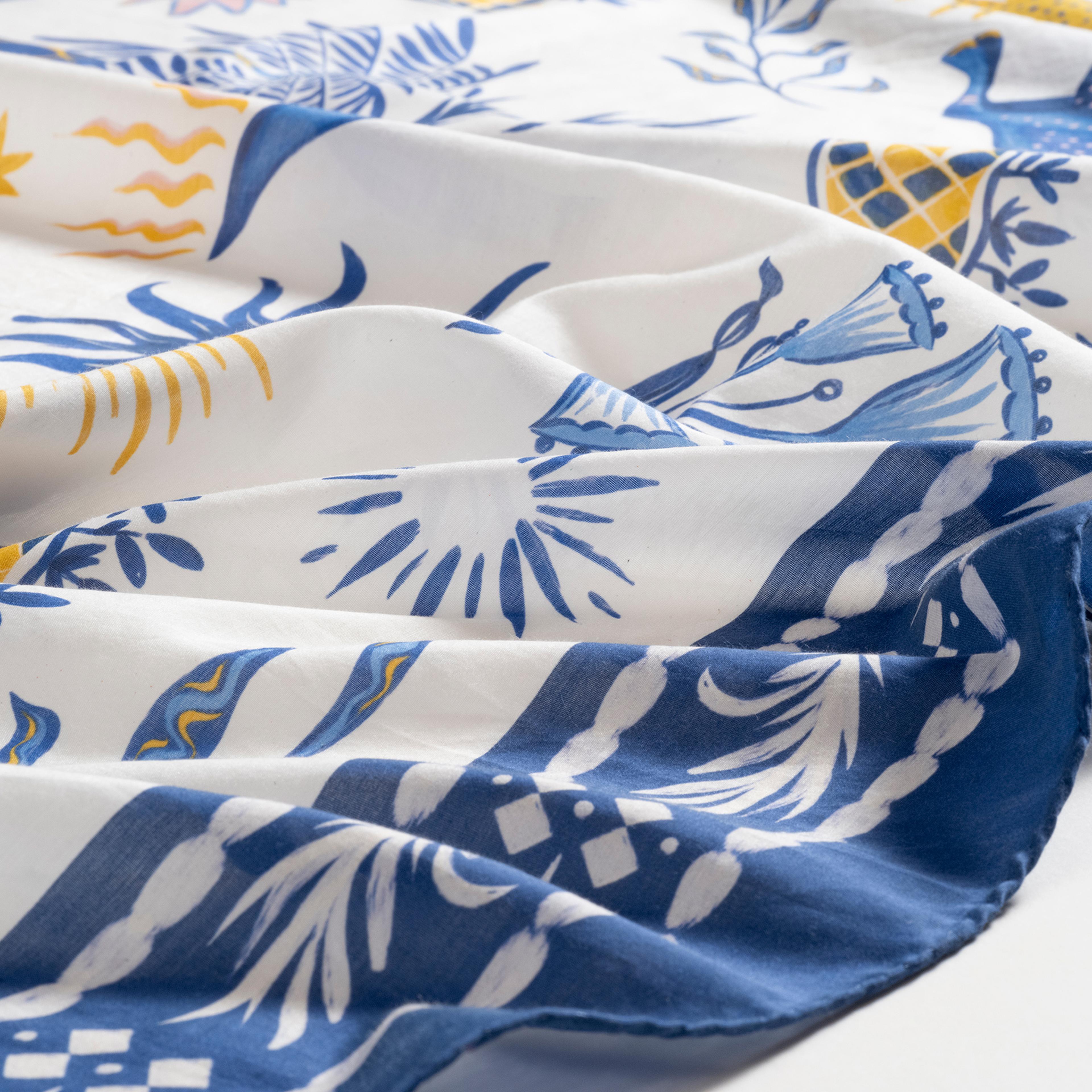 Pera Dijital Baskılı Pamuk Pamuk İpek Pareo 140x140 Cm Mavi - Beyaz