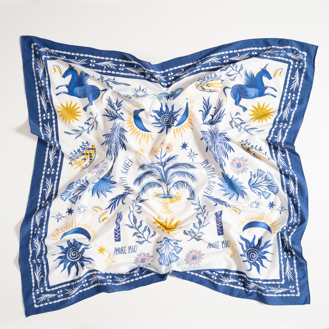 Pera Dijital Baskılı Pamuk Pamuk İpek Pareo 140x140 Cm Mavi - Beyaz