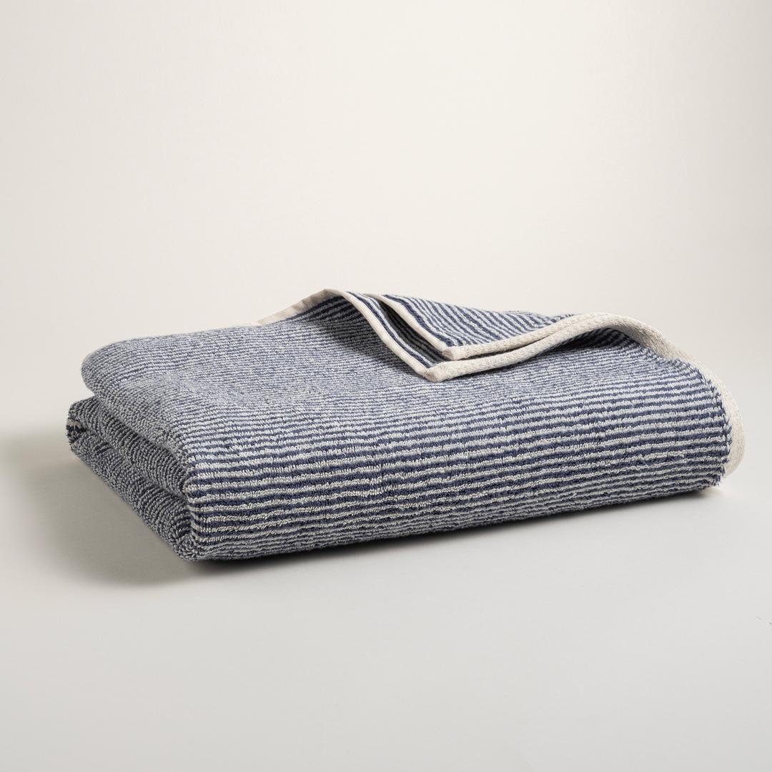 Solıd İplik Boyalı Çizgili Pamuk %100 Pamuk Banyo Havlusu 90x150 Cm Natürel - Lacıvert