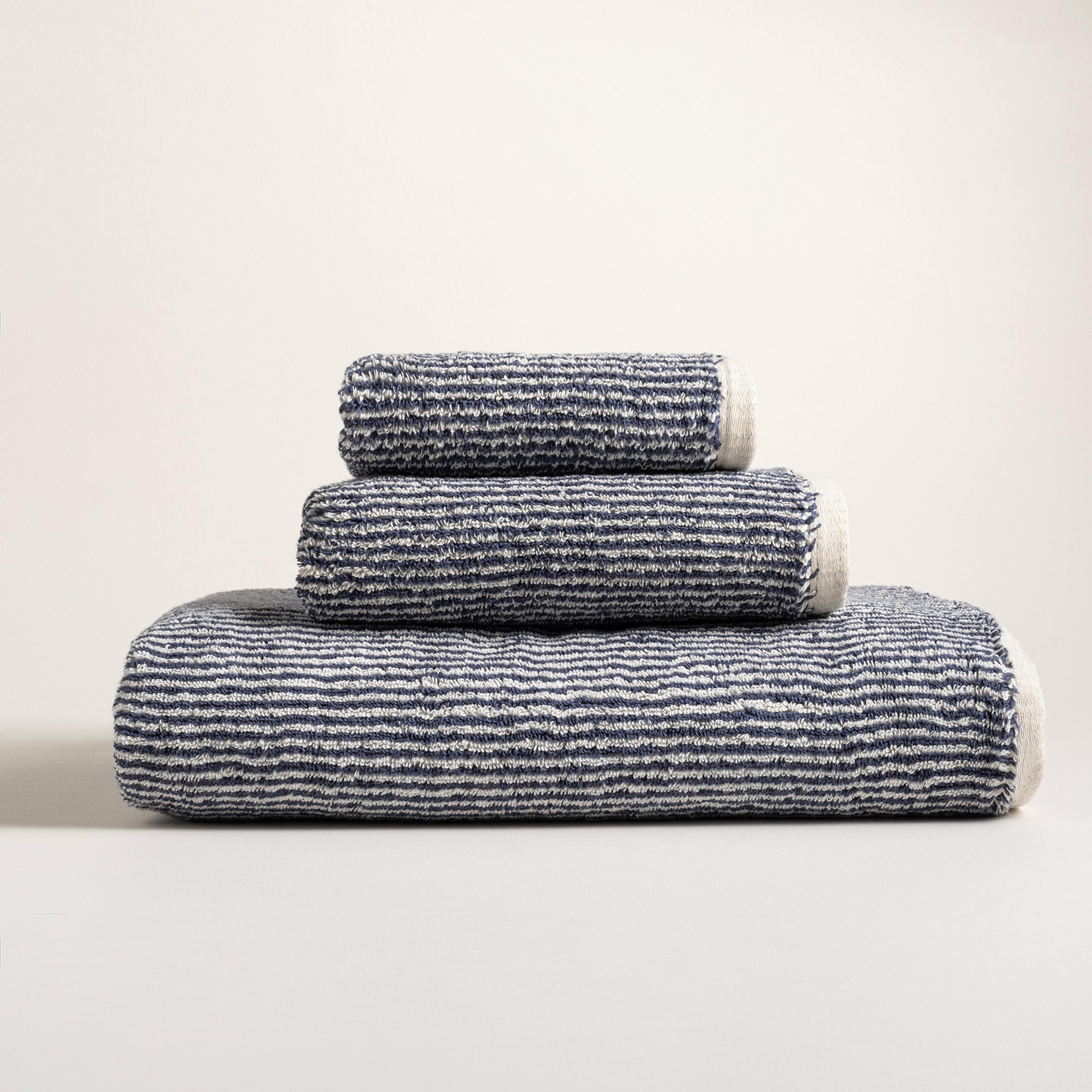 Solıd İplik Boyalı Çizgili Pamuk %100 Pamuk Banyo Havlusu 90x150 Cm Natürel - Lacıvert