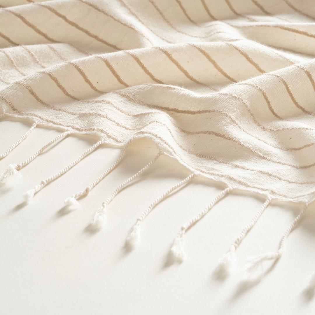 Baklan Saçaklı İplik Boyalı Çizgili Pamuk %100 Pamuk Peştamal 90x170 Cm Natural