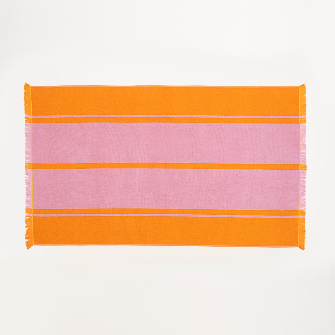 Vıseu Saçaklı Jakarlı Geniş Çizgili Pamuk %100 Pamuk Plaj Havlusu 90x150 Cm Turuncu - Pembe