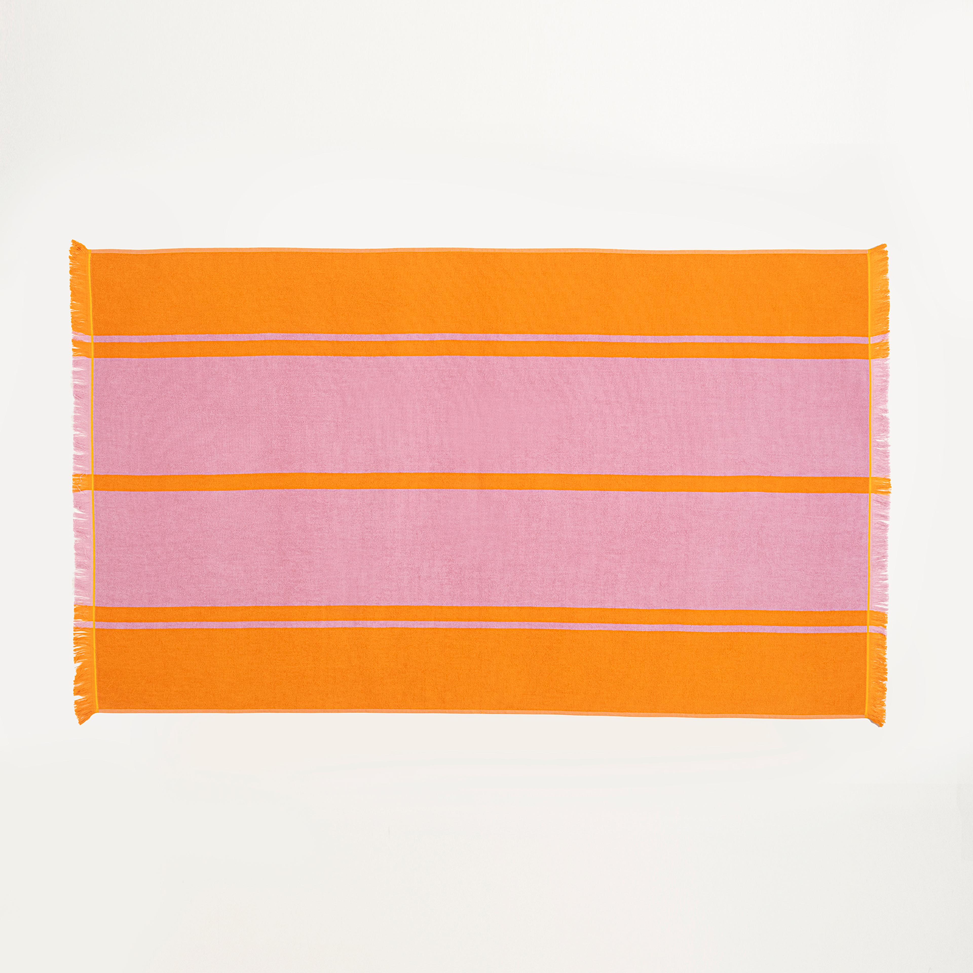 Vıseu Saçaklı Jakarlı Geniş Çizgili Pamuk %100 Pamuk Plaj Havlusu 90x150 Cm Turuncu - Pembe