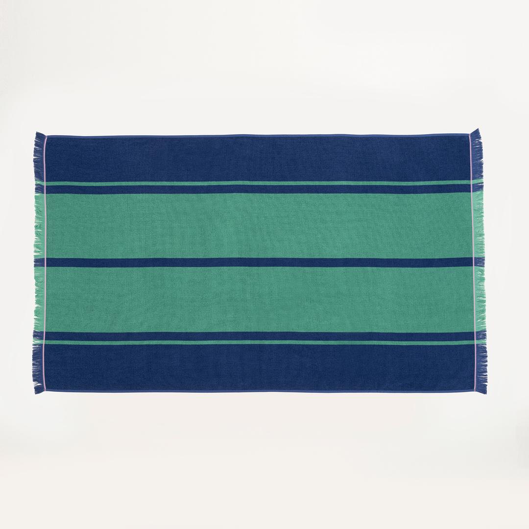 Vıseu Saçaklı Jakarlı Geniş Çizgili Pamuk %100 Pamuk Plaj Havlusu 90x150 Cm Lacıvert - Yeşil