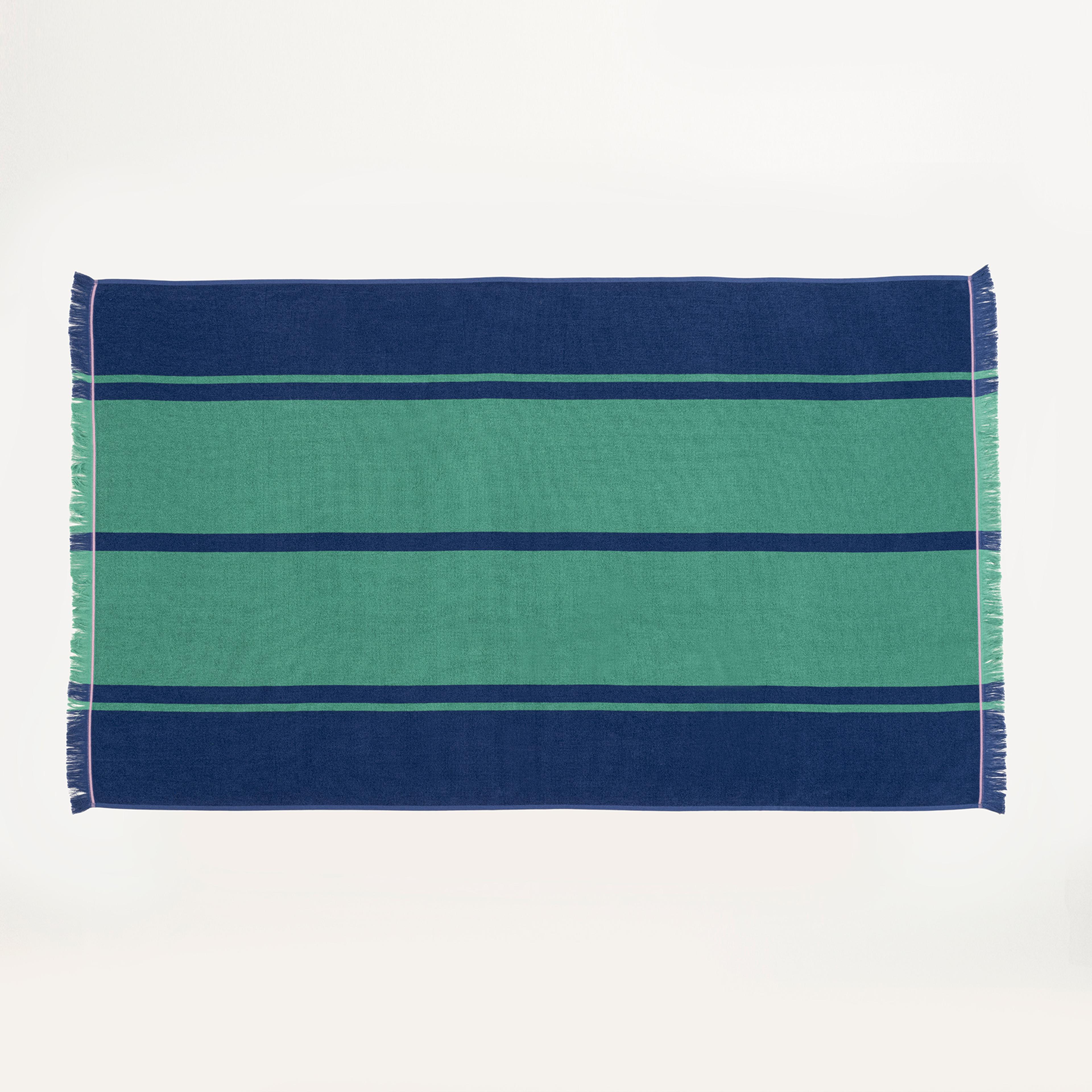 Vıseu Saçaklı Jakarlı Geniş Çizgili Pamuk %100 Pamuk Plaj Havlusu 90x150 Cm Lacıvert - Yeşil