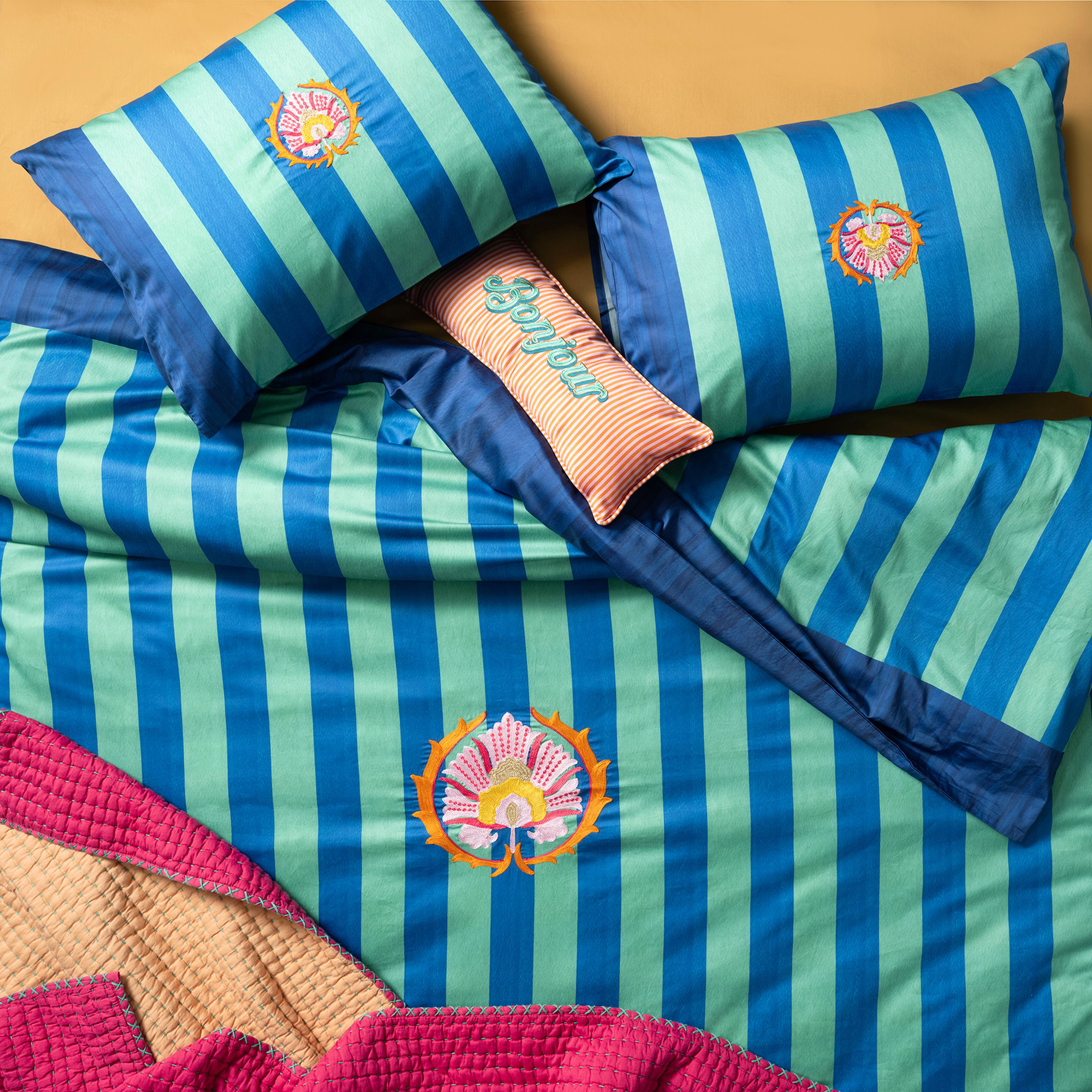 Lahor Nakışlı 300 Tc Saten E.kıng Sıze Pamuk Saten %100 Pamuk Nevresim Seti 260x220 Cm Yeşil - Mavi