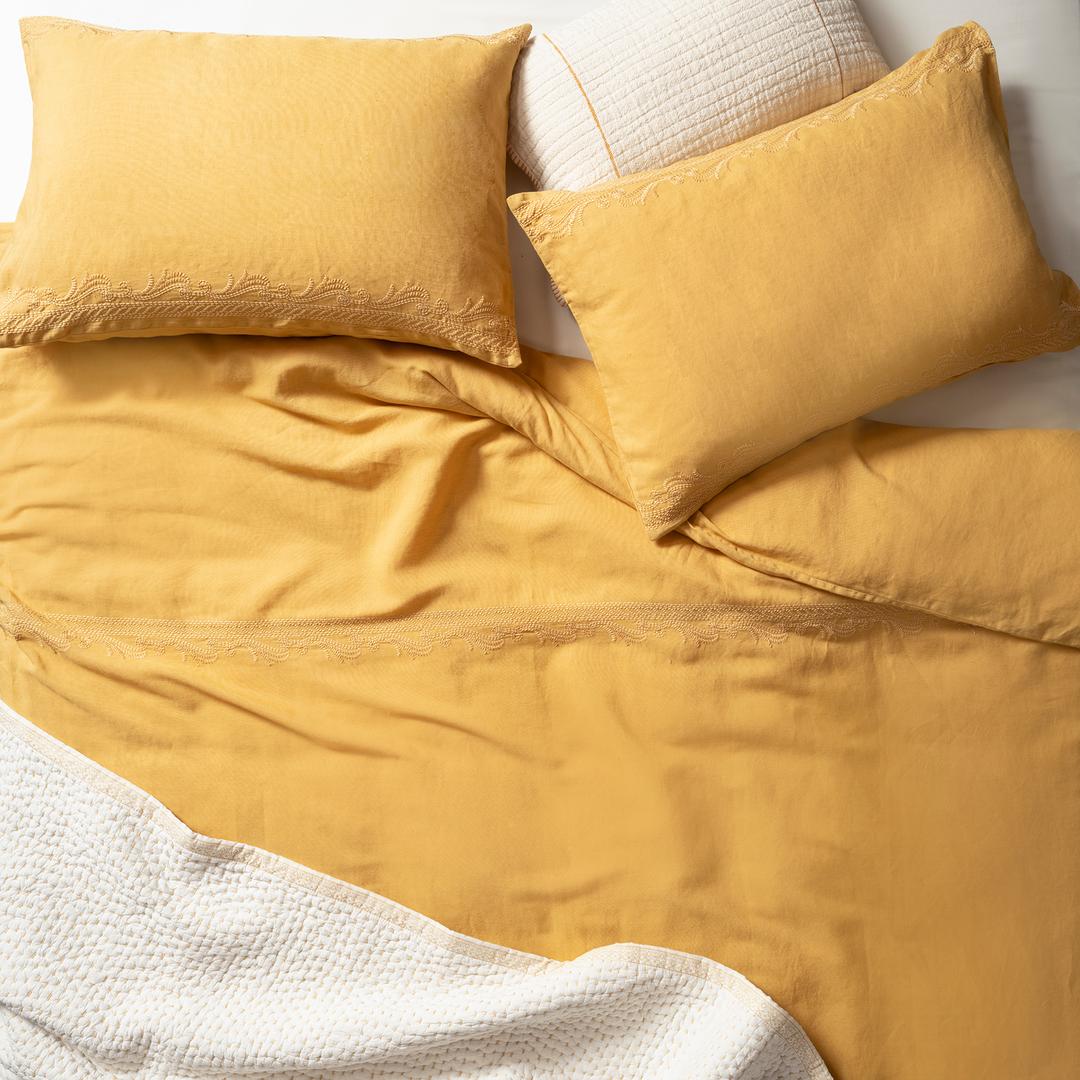 Mıno Nakışlı E.kıng Sıze Pamuk Pamuk Keten Nevresim Seti 260x220 Cm Sarı