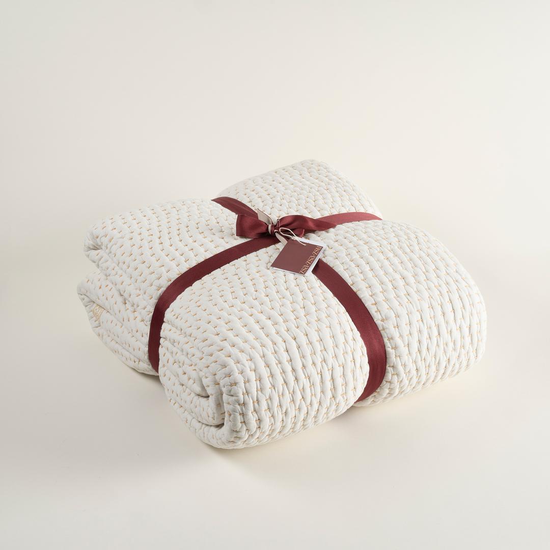 Uttar El Baskısı Tek Kişilik Pamuk %100 Pamuk Yatak Örtüsü 160x240 Cm Ekru - Turuncu