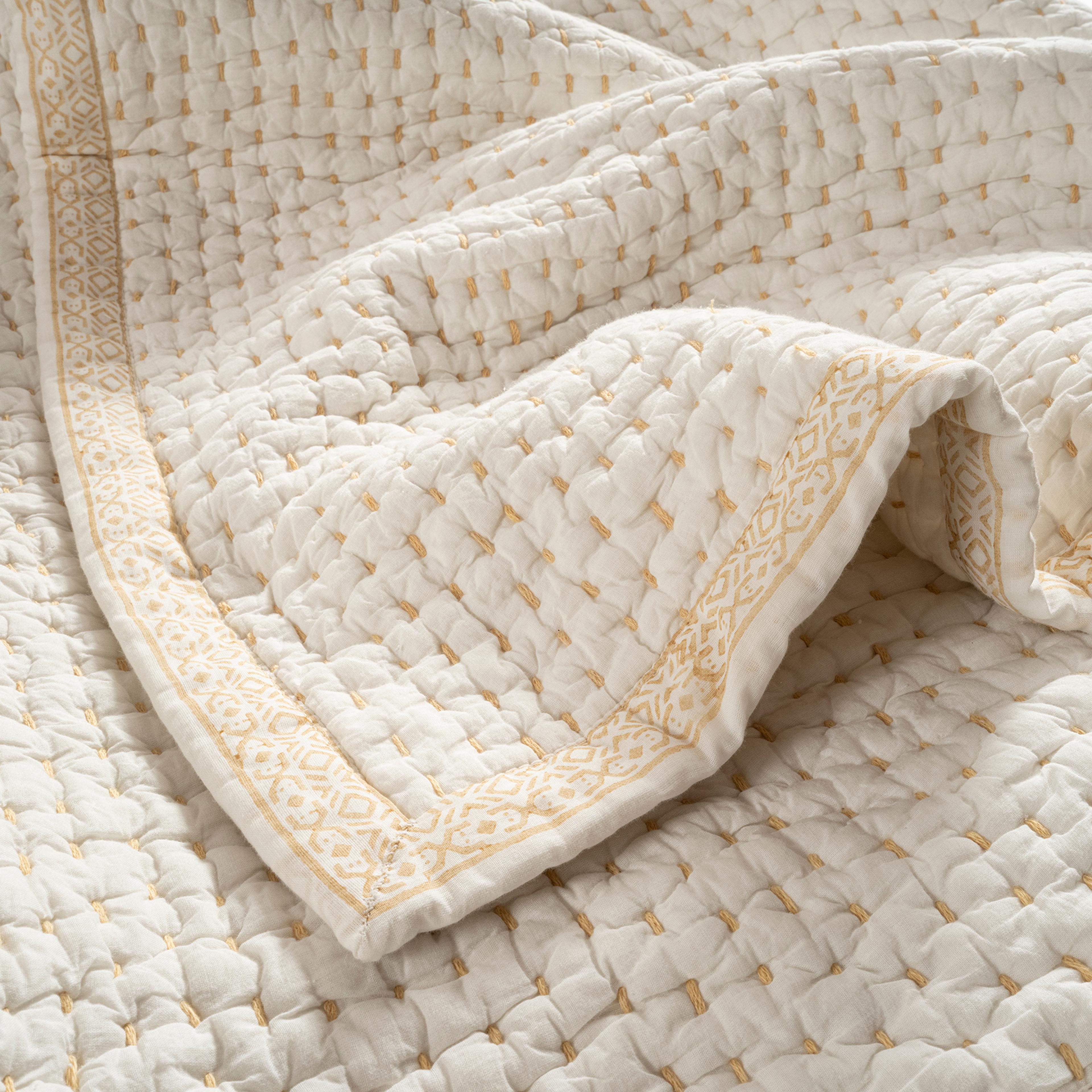 Uttar El Baskısı Tek Kişilik Pamuk %100 Pamuk Yatak Örtüsü 160x240 Cm Ekru - Turuncu