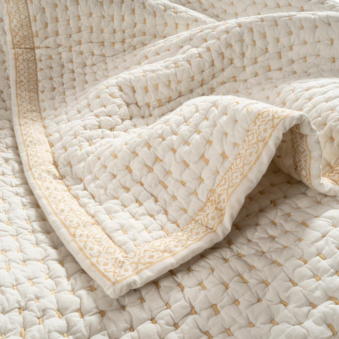 Uttar El Baskısı Çift Kişilik Pamuk %100 Pamuk Yatak Örtüsü 240x260 Cm Ekru - Turuncu