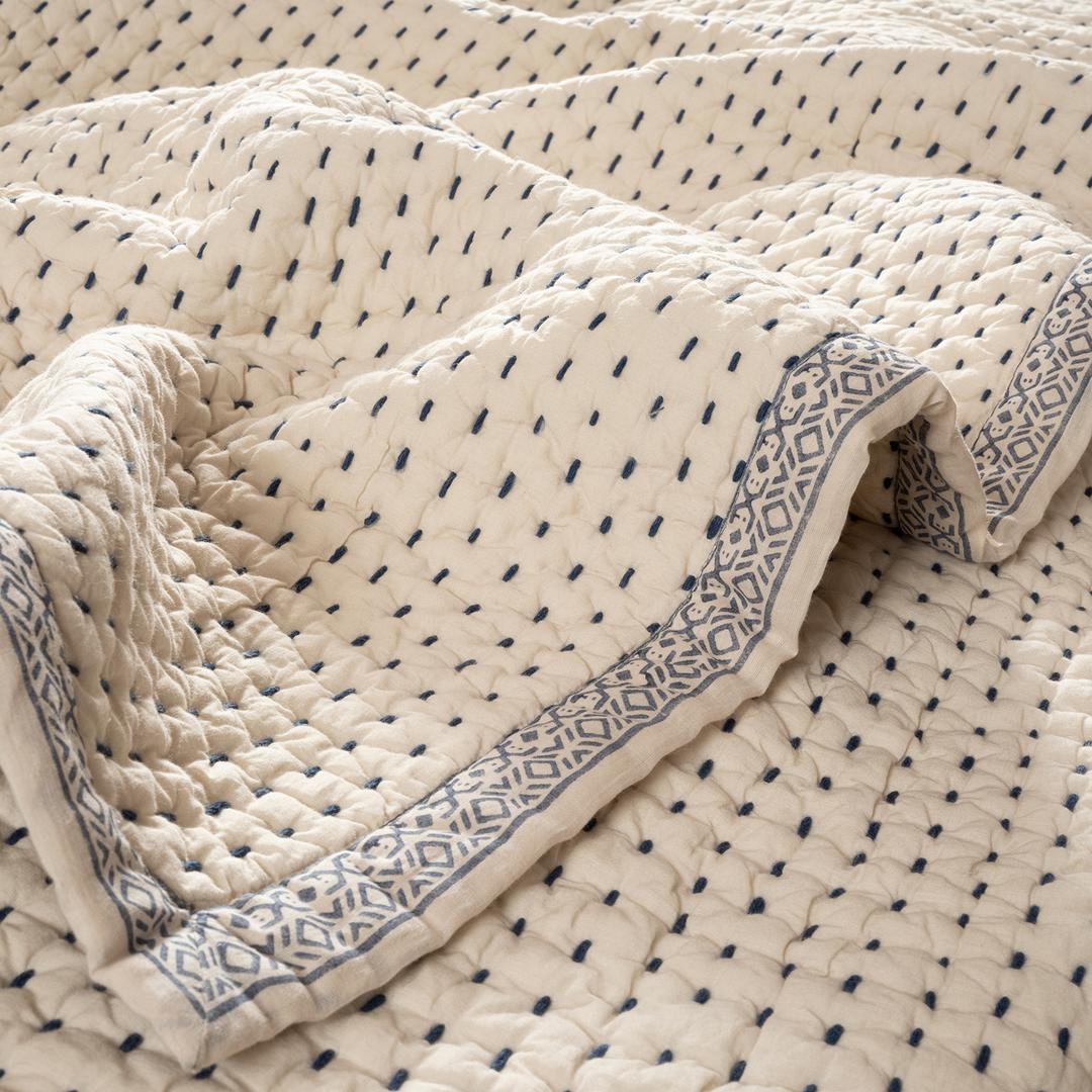 Uttar El Baskısı Tek Kişilik Pamuk %100 Pamuk Yatak Örtüsü 160x240 Cm Bej - Lacıvert