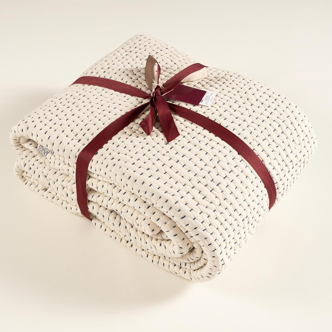 Uttar El Baskısı Tek Kişilik Pamuk %100 Pamuk Yatak Örtüsü 160x240 Cm Bej - Lacıvert