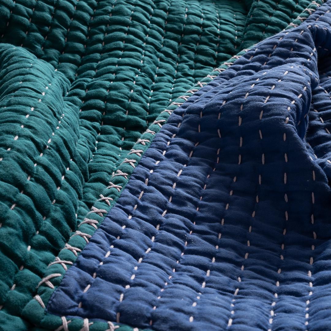 Okhla El İşi Çift Kişilik Pamuk Saten Pamuk Saten Yatak Örtüsü Seti 240x260 Cm Yeşil - Mavi