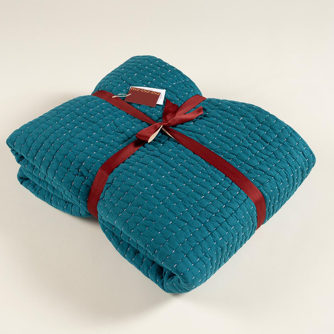 Okhla El İşi Çift Kişilik Pamuk Saten Pamuk Saten Yatak Örtüsü Seti 240x260 Cm Yeşil - Mavi