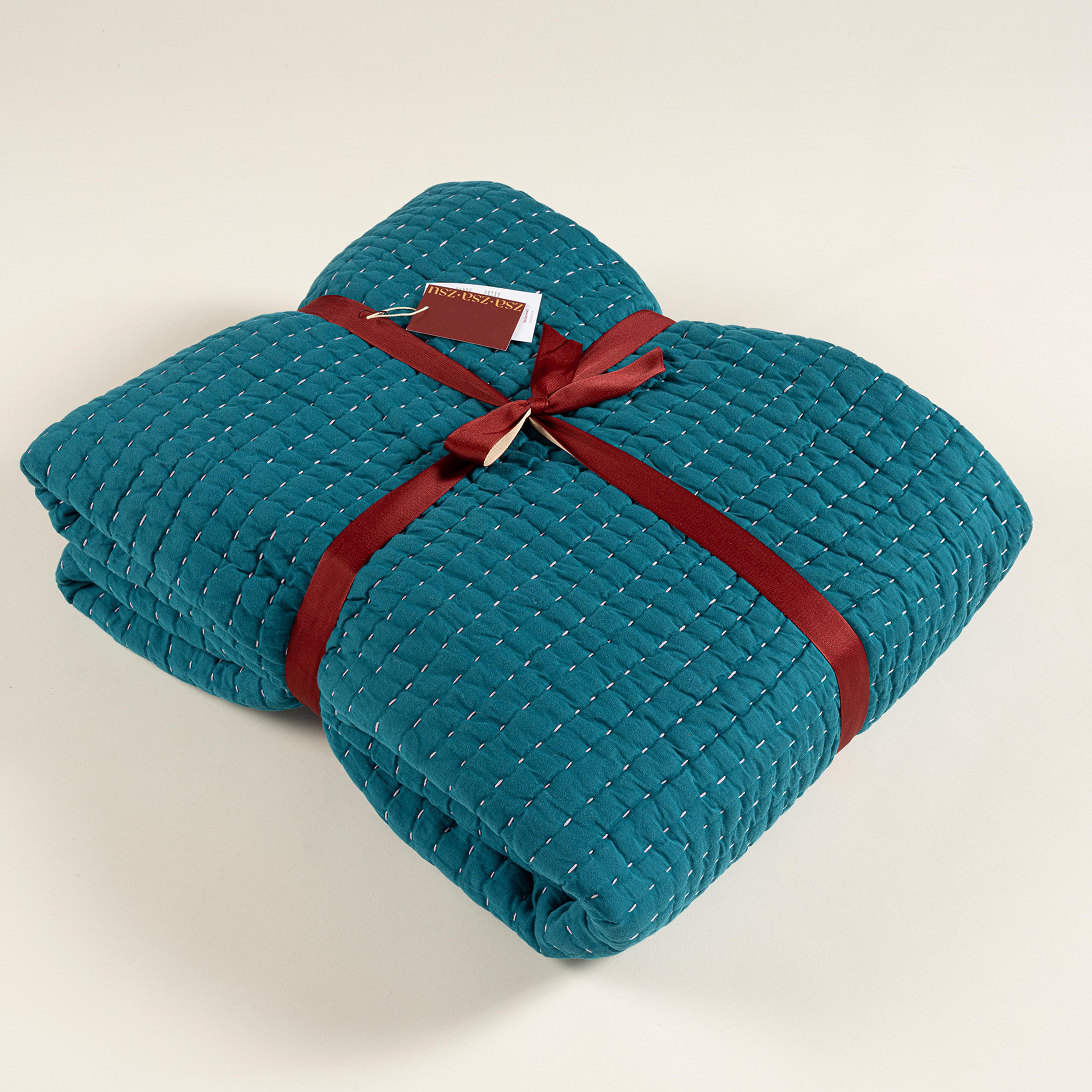 Okhla El İşi Kıng Sıze Pamuk Saten Pamuk Saten Yatak Örtüsü Seti 260x280 Cm Yeşil-mavi