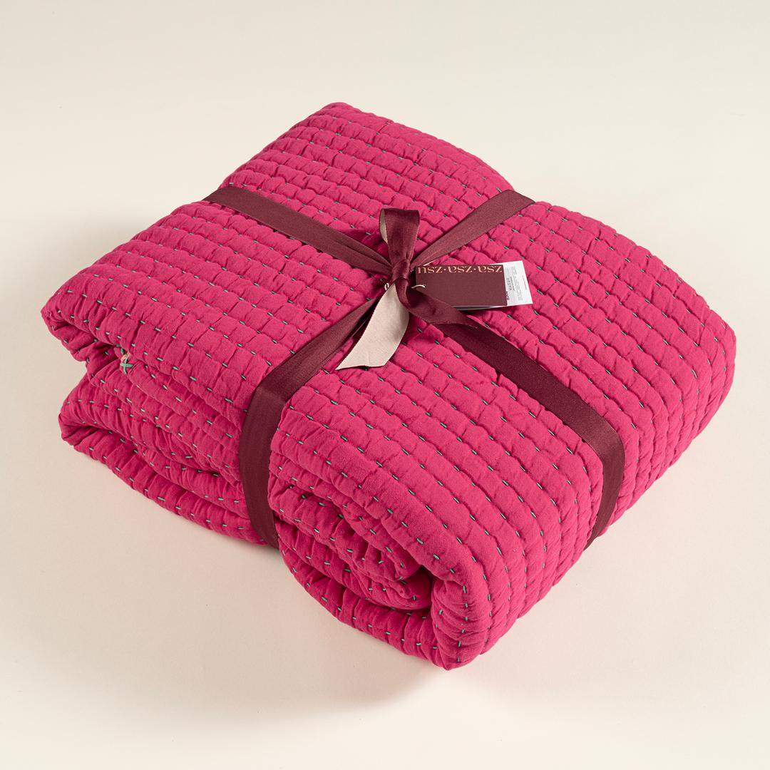 Okhla El İşi Kıng Sıze Pamuk Saten Pamuk Saten Yatak Örtüsü Seti 260x280 Cm Fuşya-somon