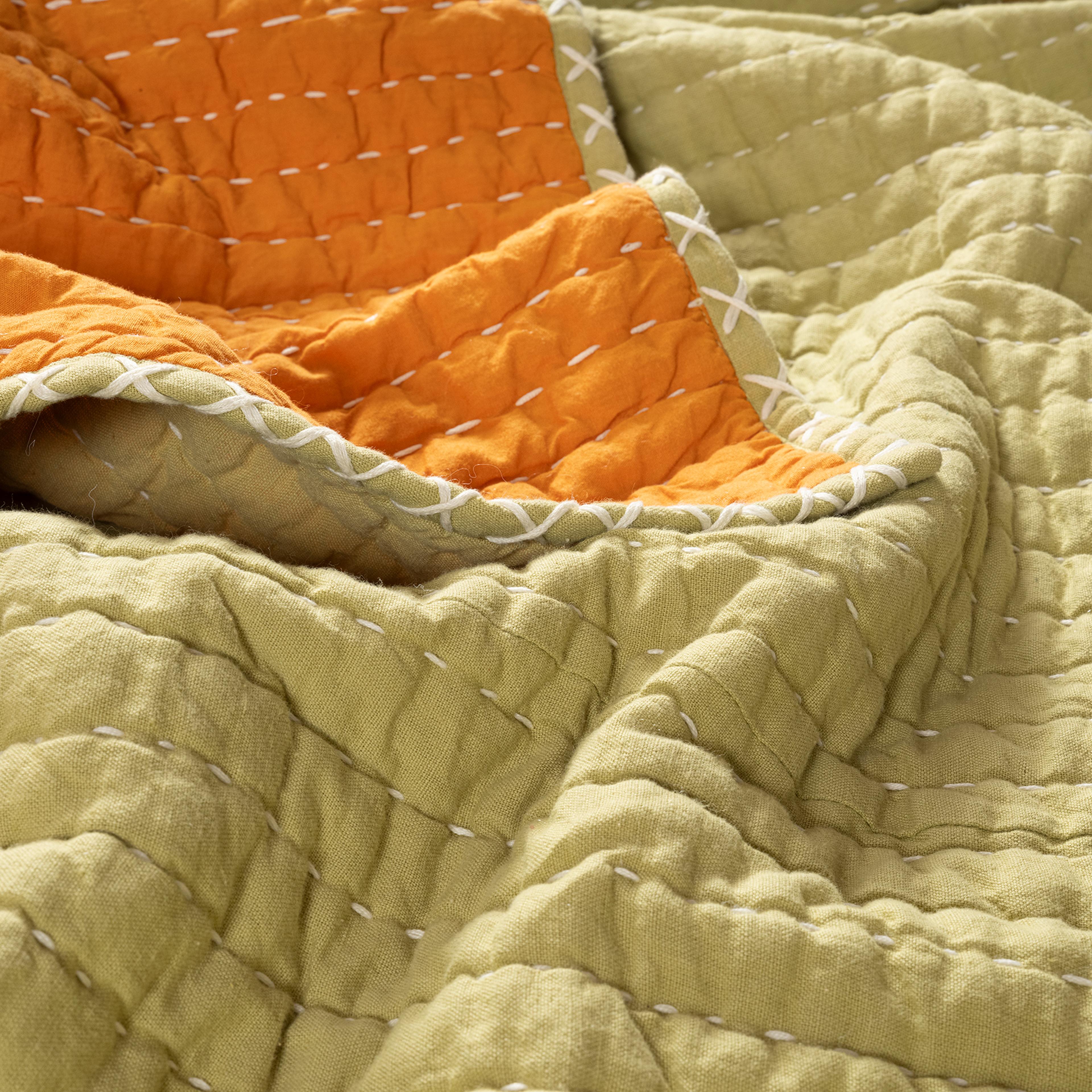 Okhla El İşi Kıng Sıze Pamuk Pamuk Keten Yatak Örtüsü Seti 260x280 Cm Turuncu - Yeşil