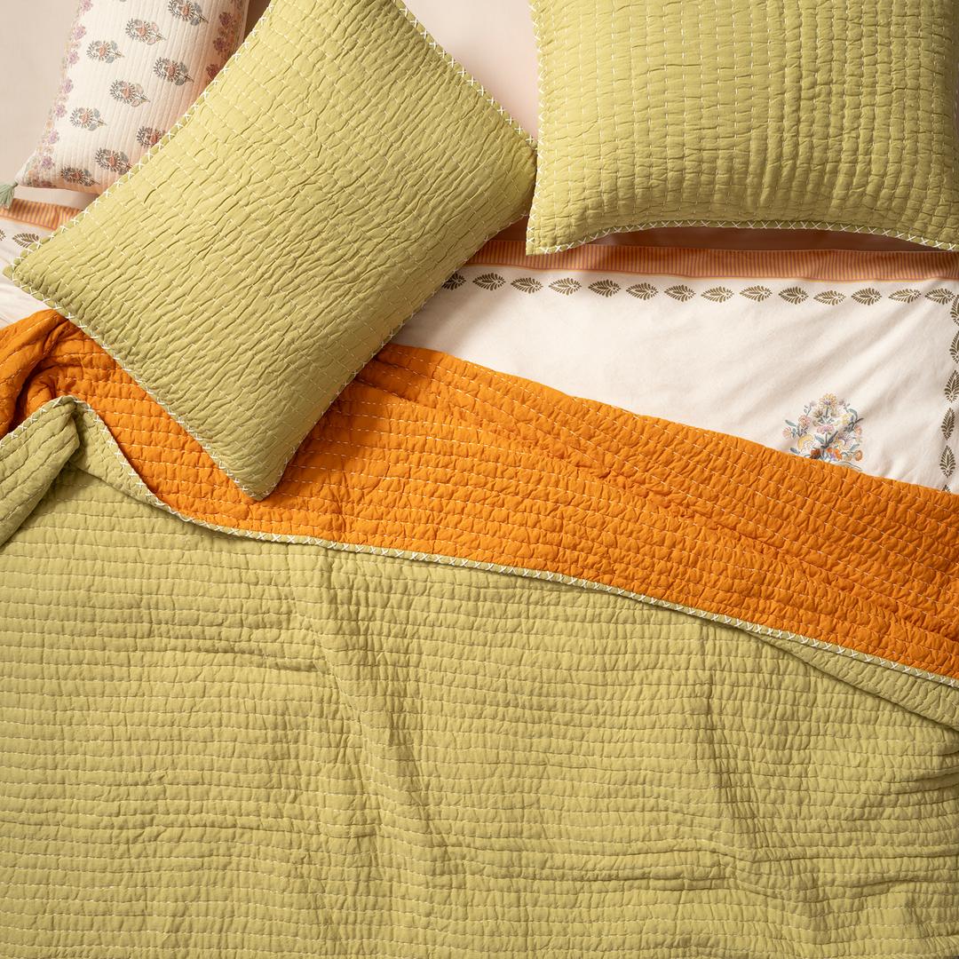 Okhla El İşi Kıng Sıze Pamuk Pamuk Keten Yatak Örtüsü Seti 260x280 Cm Turuncu - Yeşil