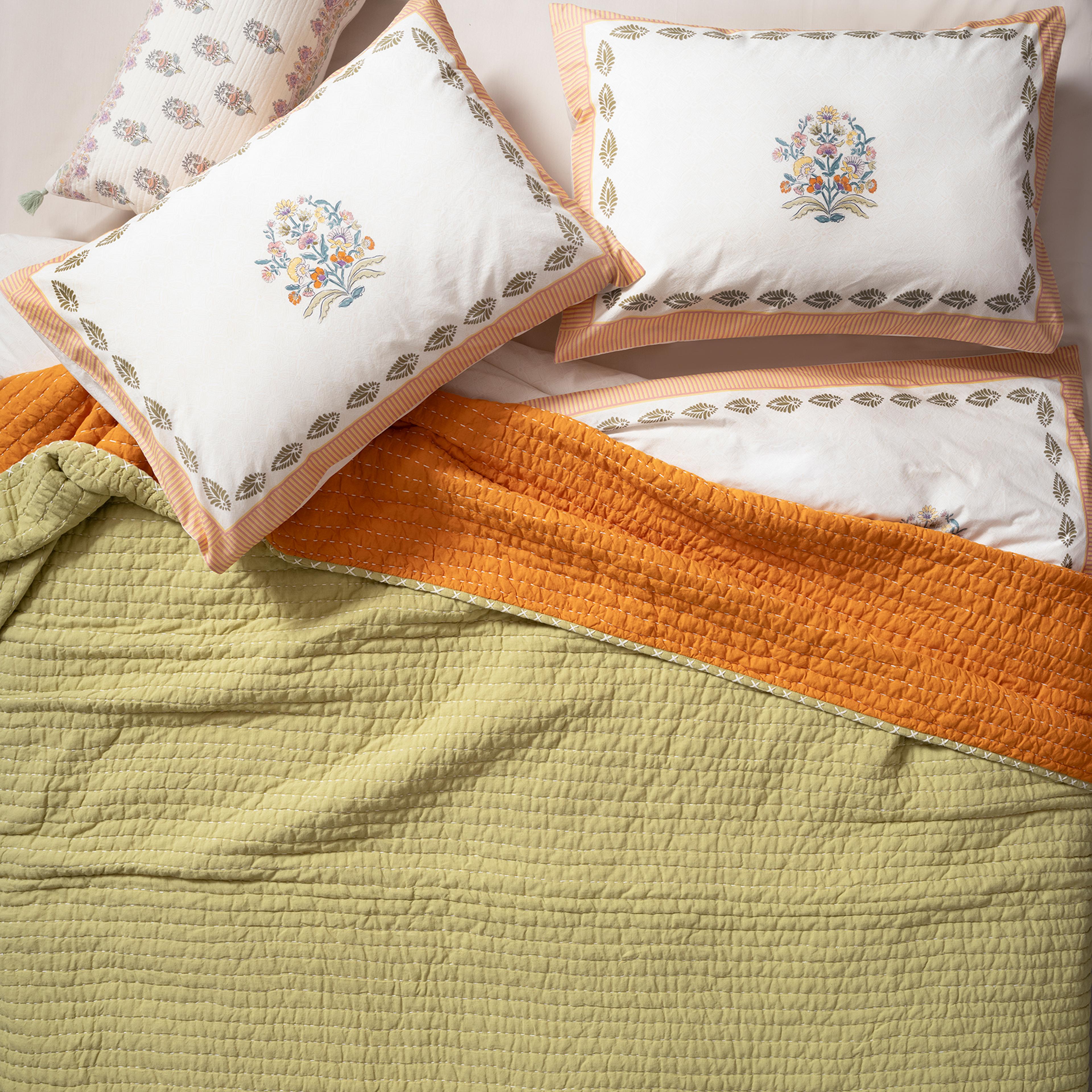 Okhla El İşi Kıng Sıze Pamuk Pamuk Keten Yatak Örtüsü Seti 260x280 Cm Turuncu - Yeşil