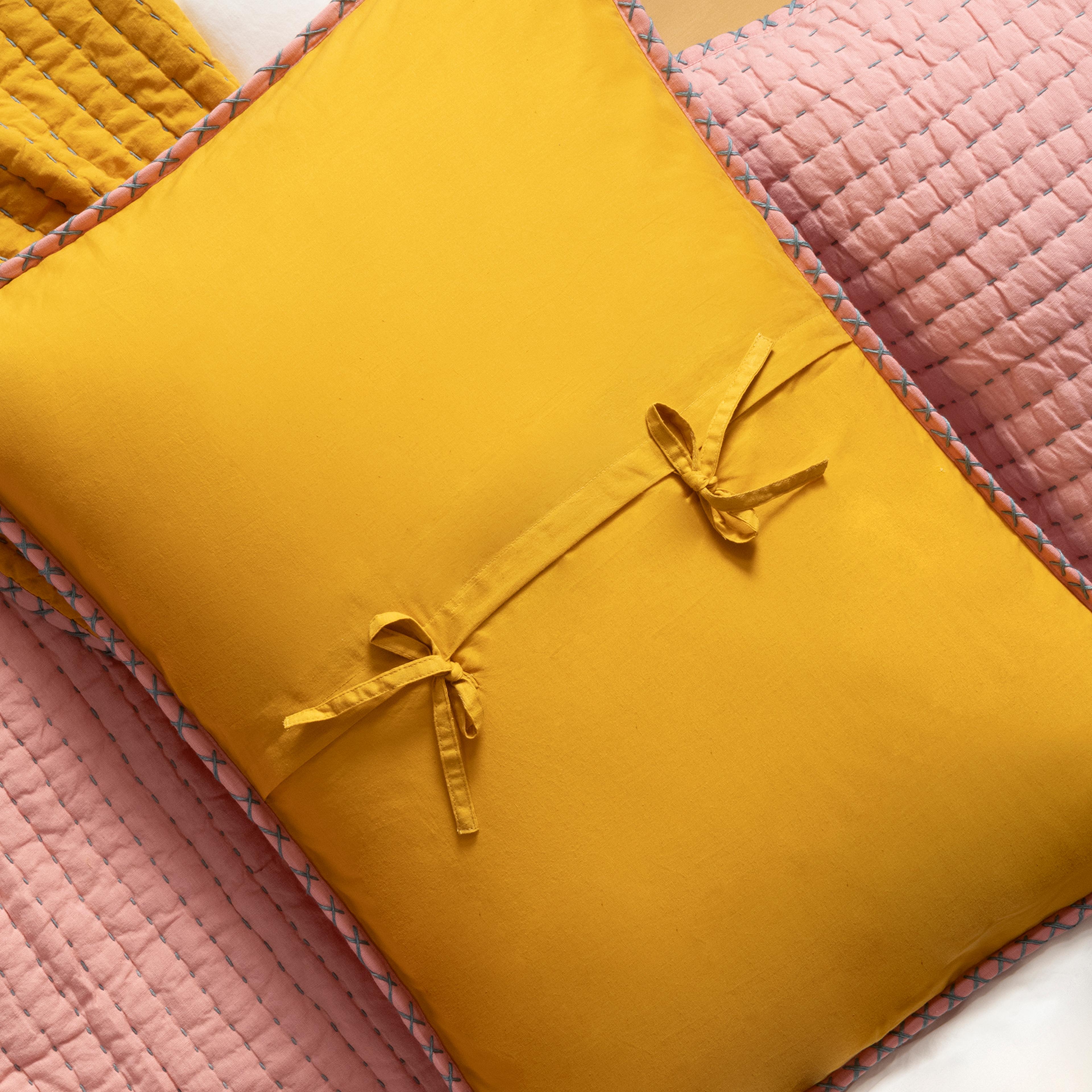 Okhla El İşi Kıng Sıze Pamuk Pamuk Keten Yatak Örtüsü Seti 260x280 Cm Pembe - Sarı