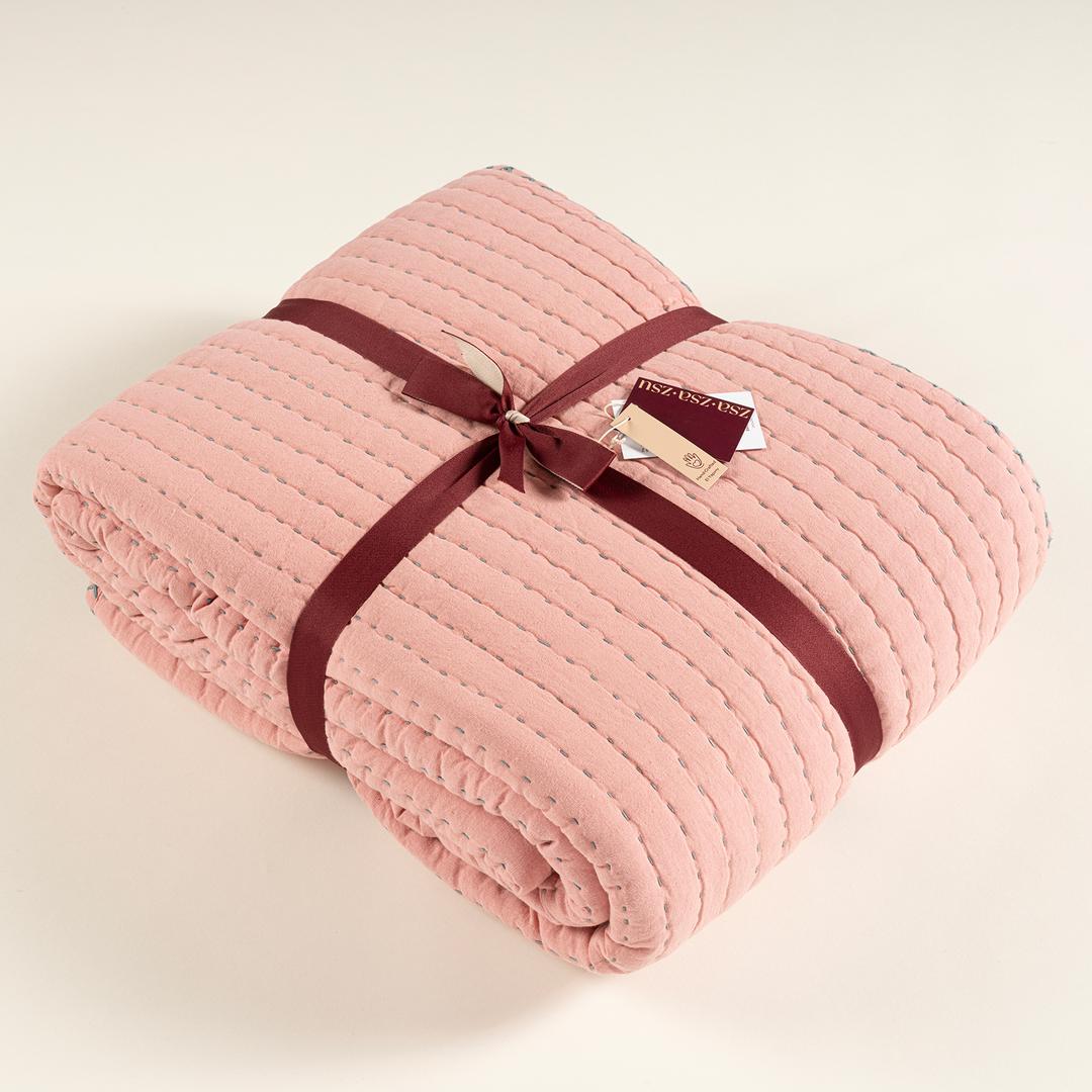 Okhla El İşi Kıng Sıze Pamuk Pamuk Keten Yatak Örtüsü Seti 260x280 Cm Pembe - Sarı