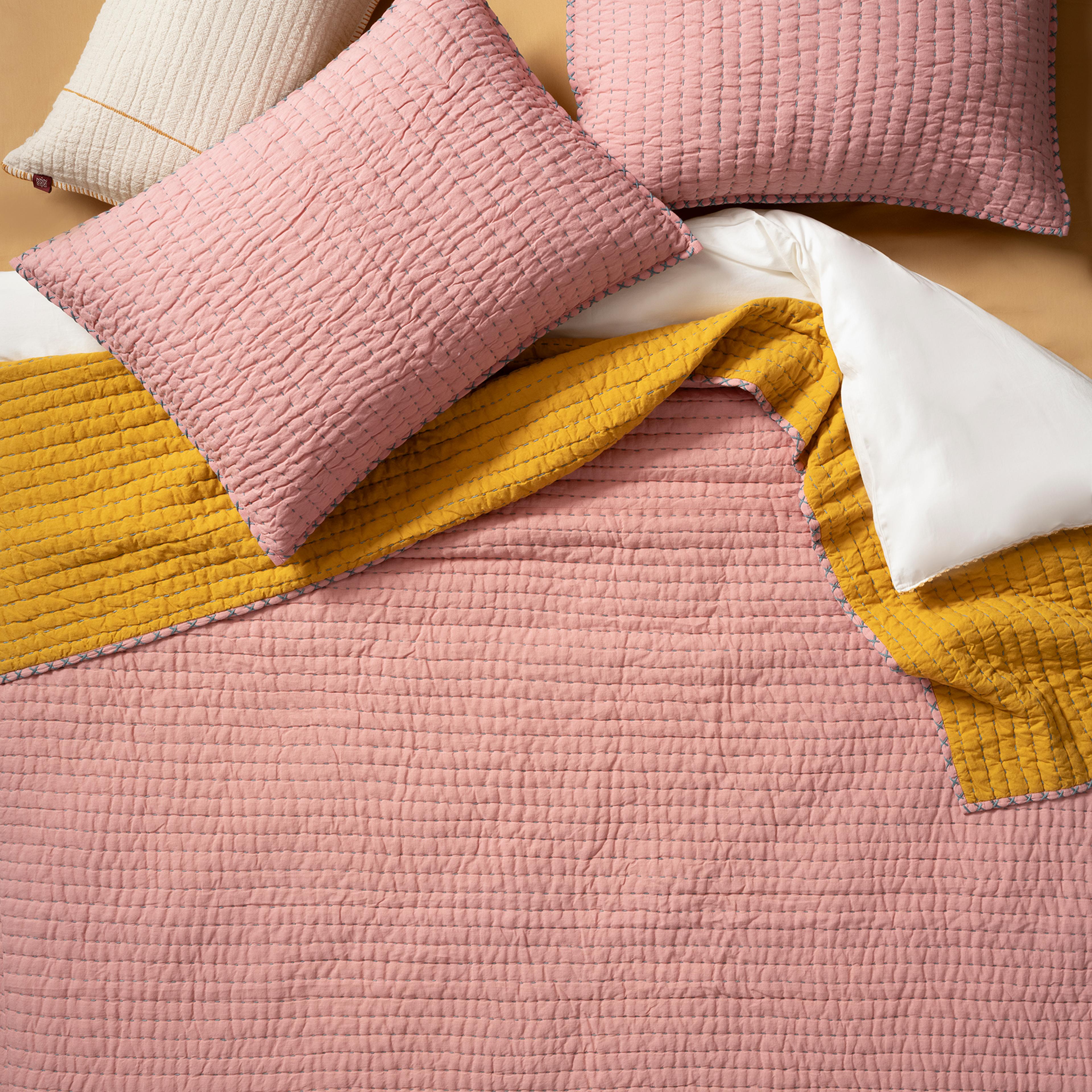 Okhla El İşi Kıng Sıze Pamuk Pamuk Keten Yatak Örtüsü Seti 260x280 Cm Pembe - Sarı