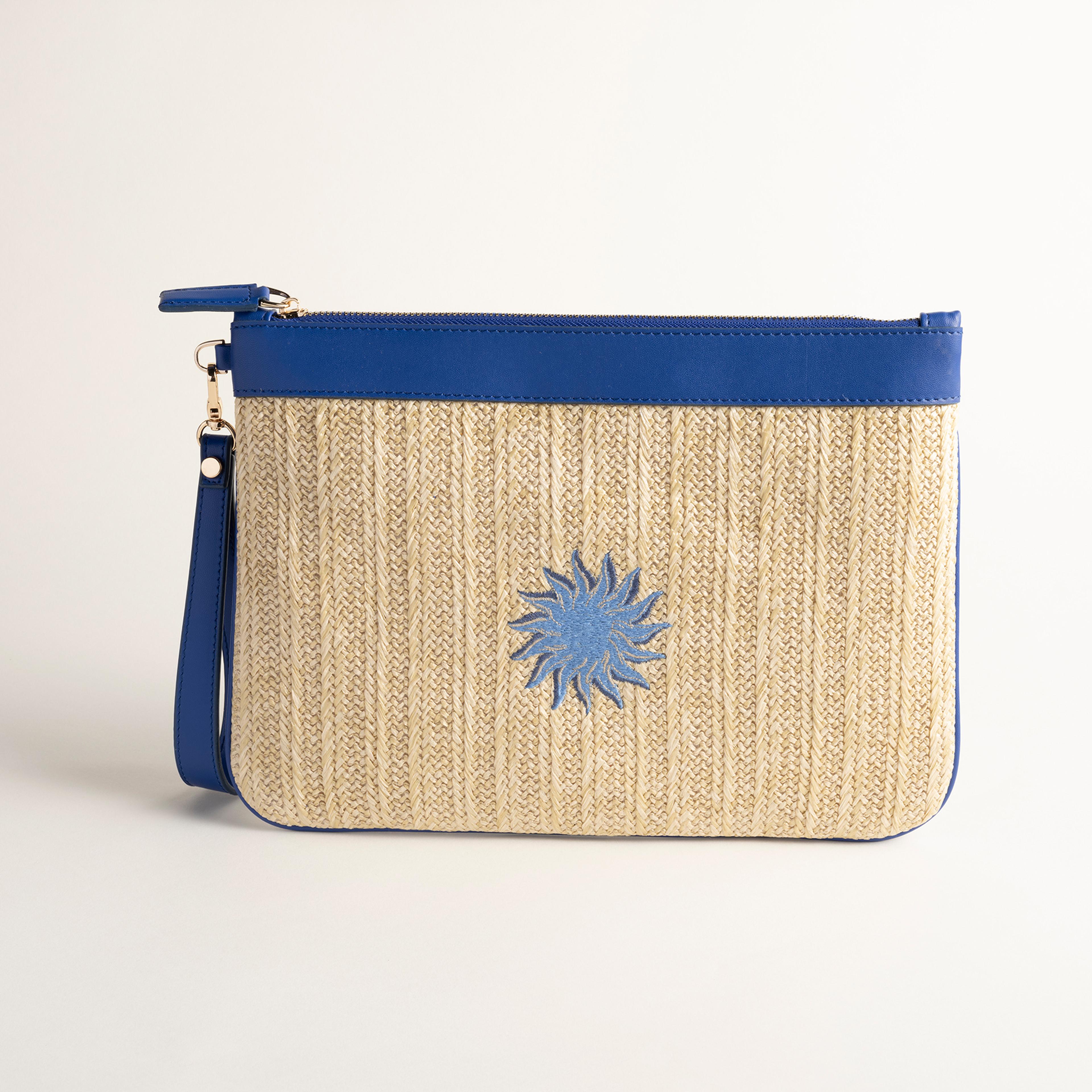 Burgaz Nakışlı Rafya %100 Rafya Çanta 34x25 Cm Natural - Mavi