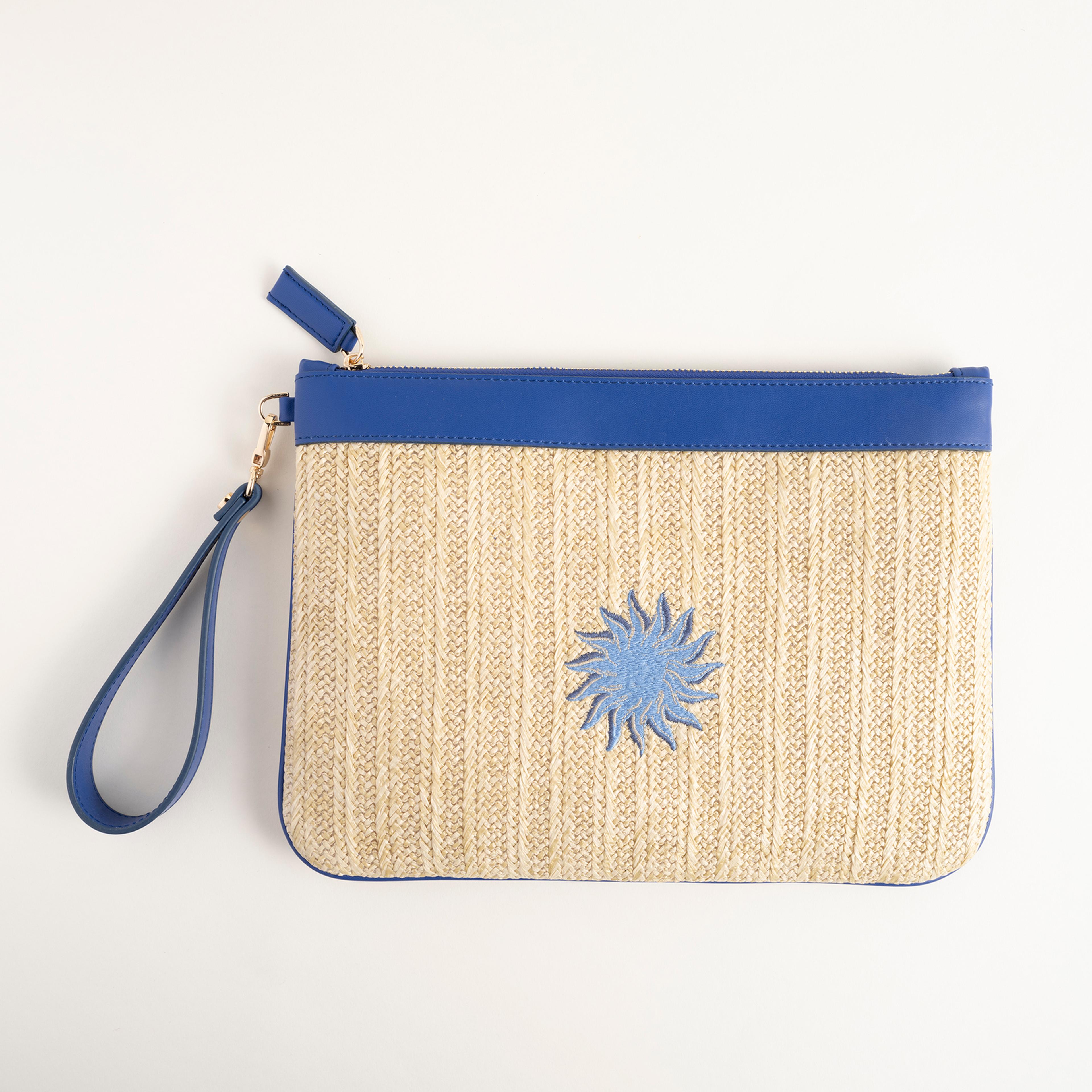 Burgaz Nakışlı Rafya %100 Rafya Çanta 34x25 Cm Natural - Mavi