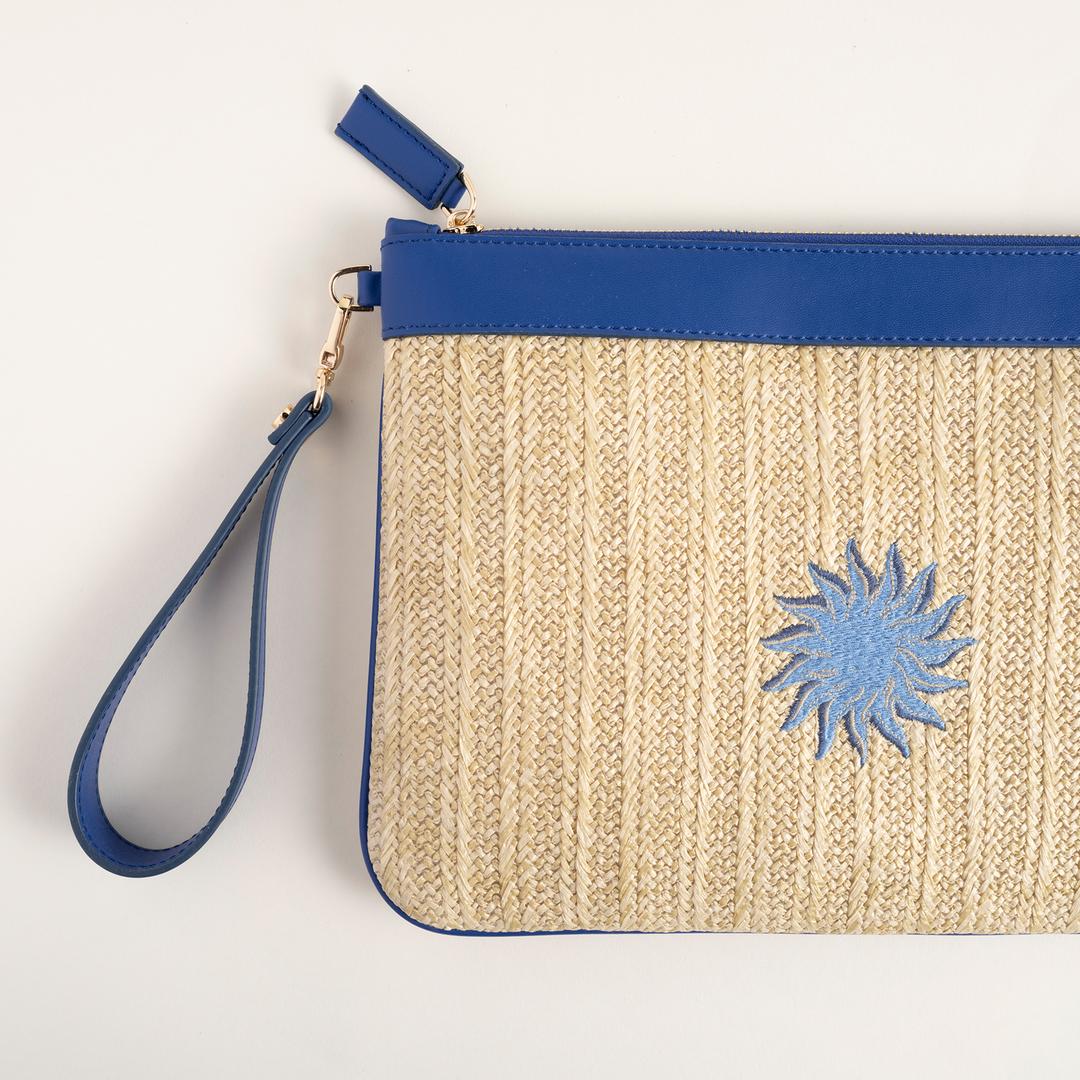 Burgaz Nakışlı Rafya %100 Rafya Çanta 34x25 Cm Natural - Mavi