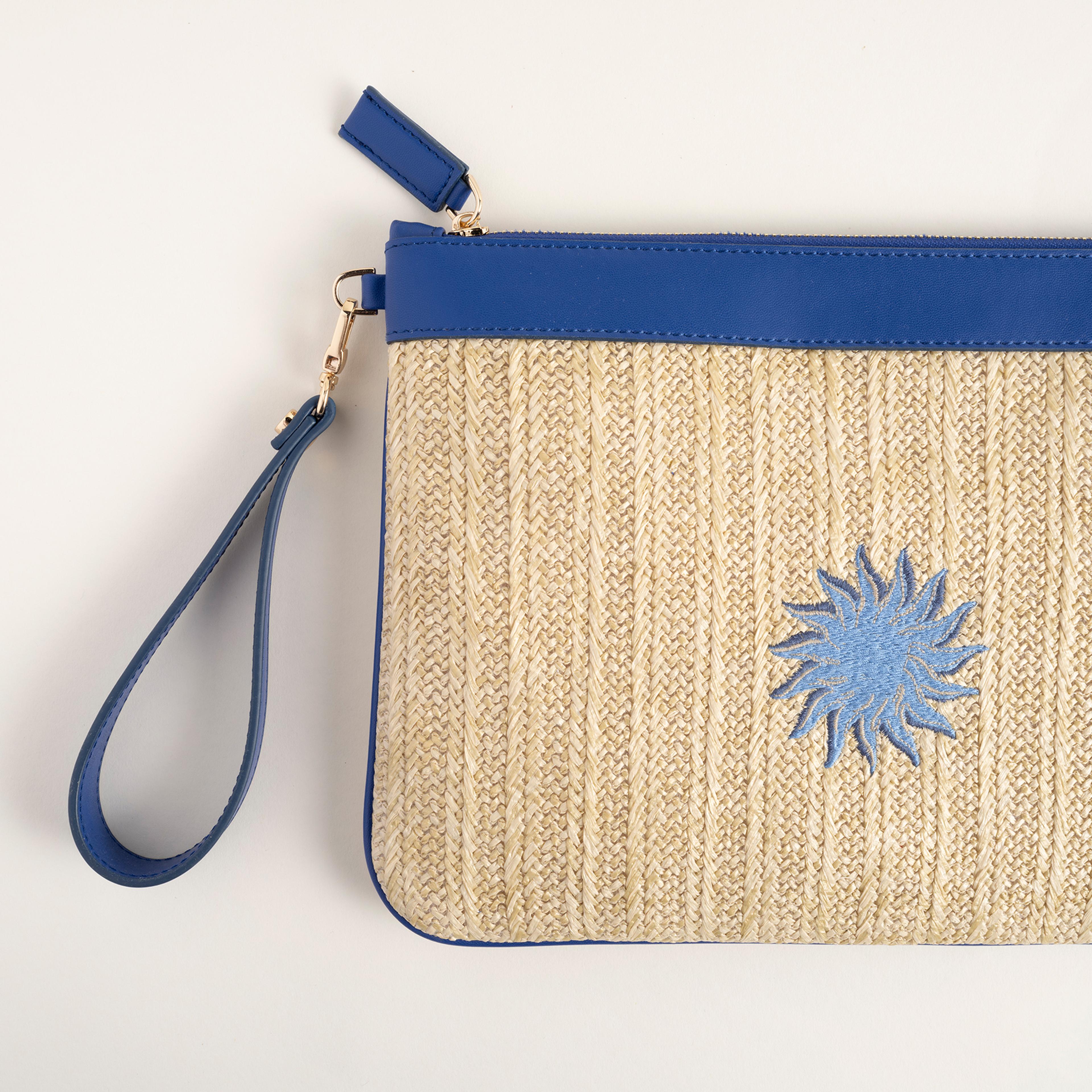 Burgaz Nakışlı Rafya %100 Rafya Çanta 34x25 Cm Natural - Mavi