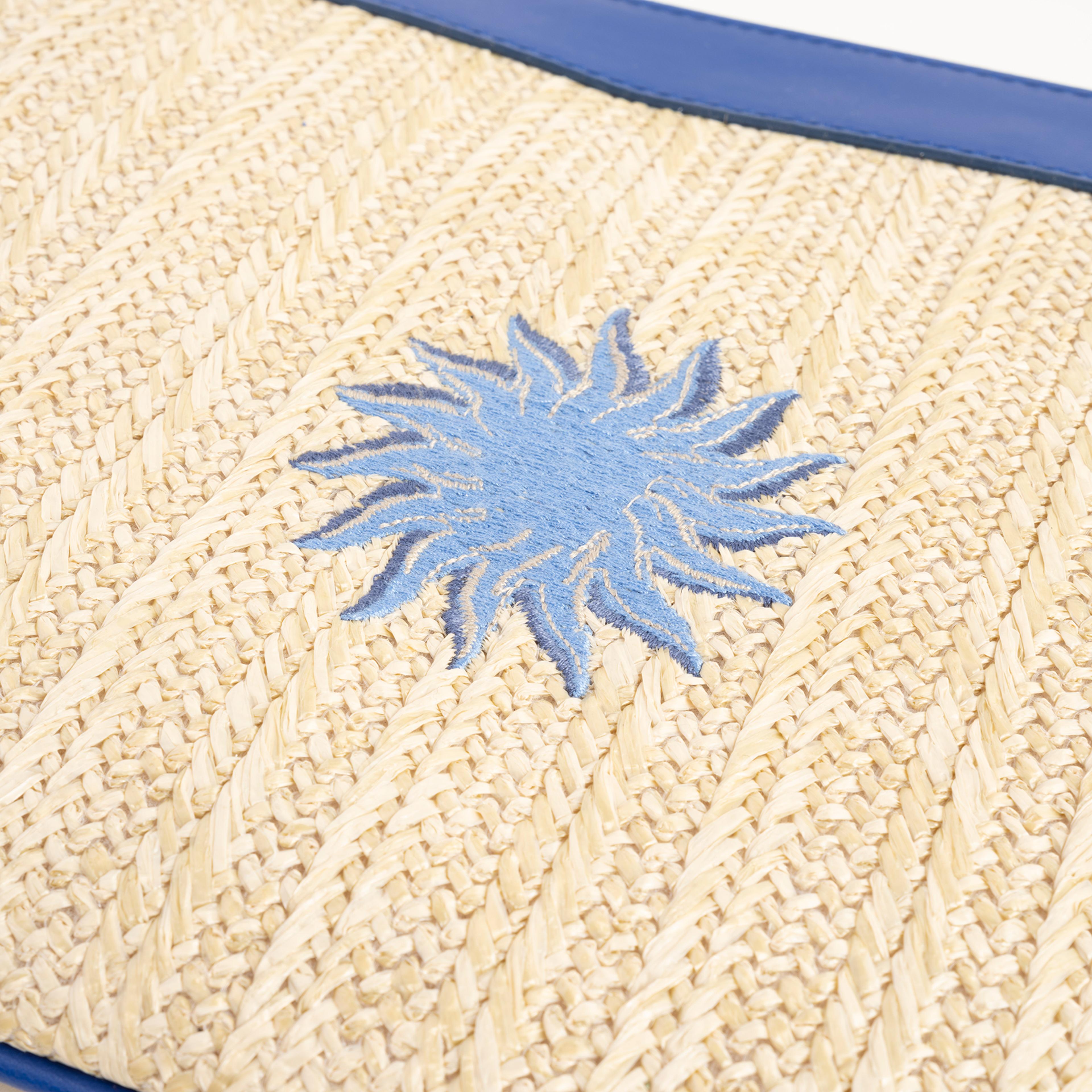 Burgaz Nakışlı Rafya %100 Rafya Çanta 34x25 Cm Natural - Mavi