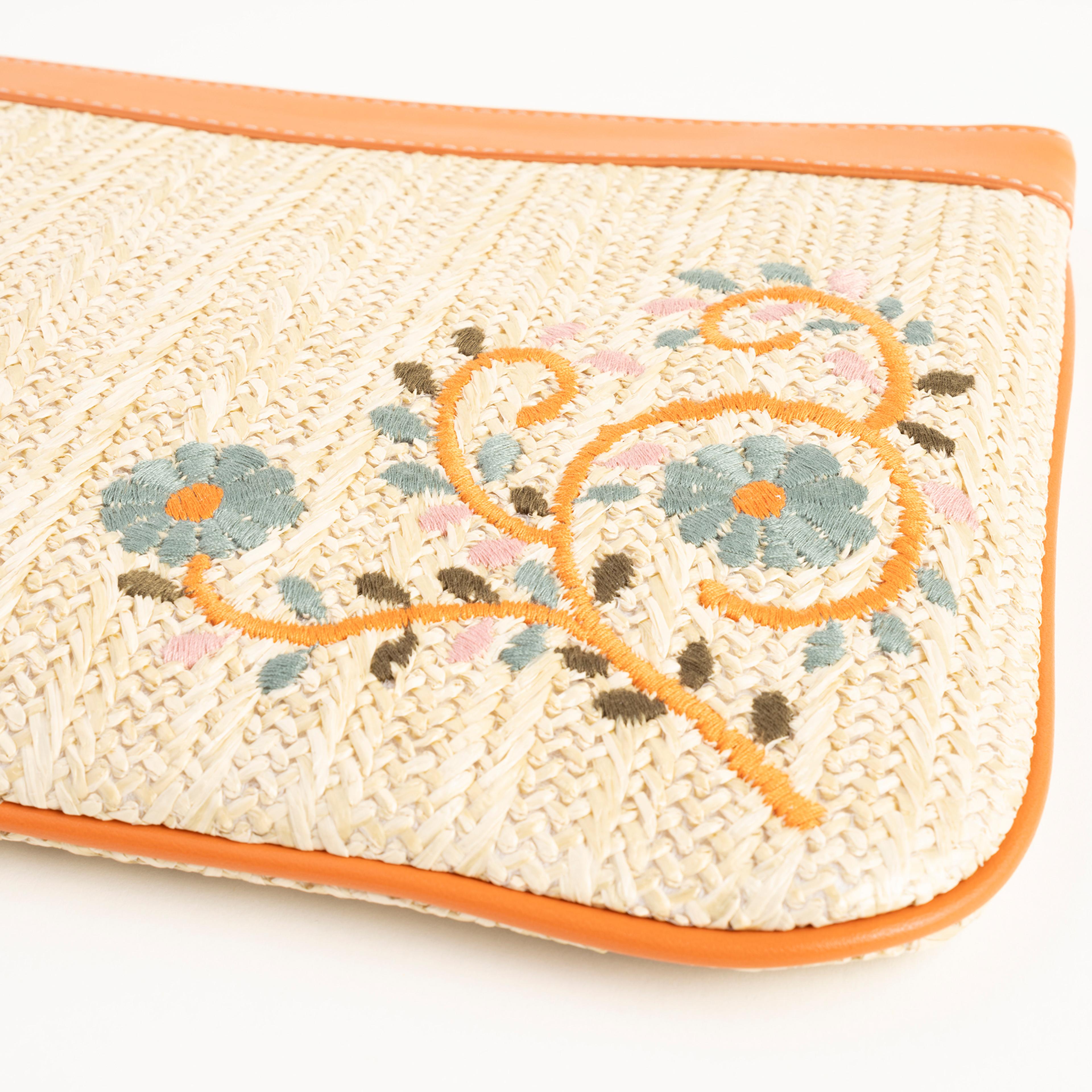 Burgaz Nakışlı Rafya %100 Rafya Çanta 34x25 Cm Natural - Turuncu