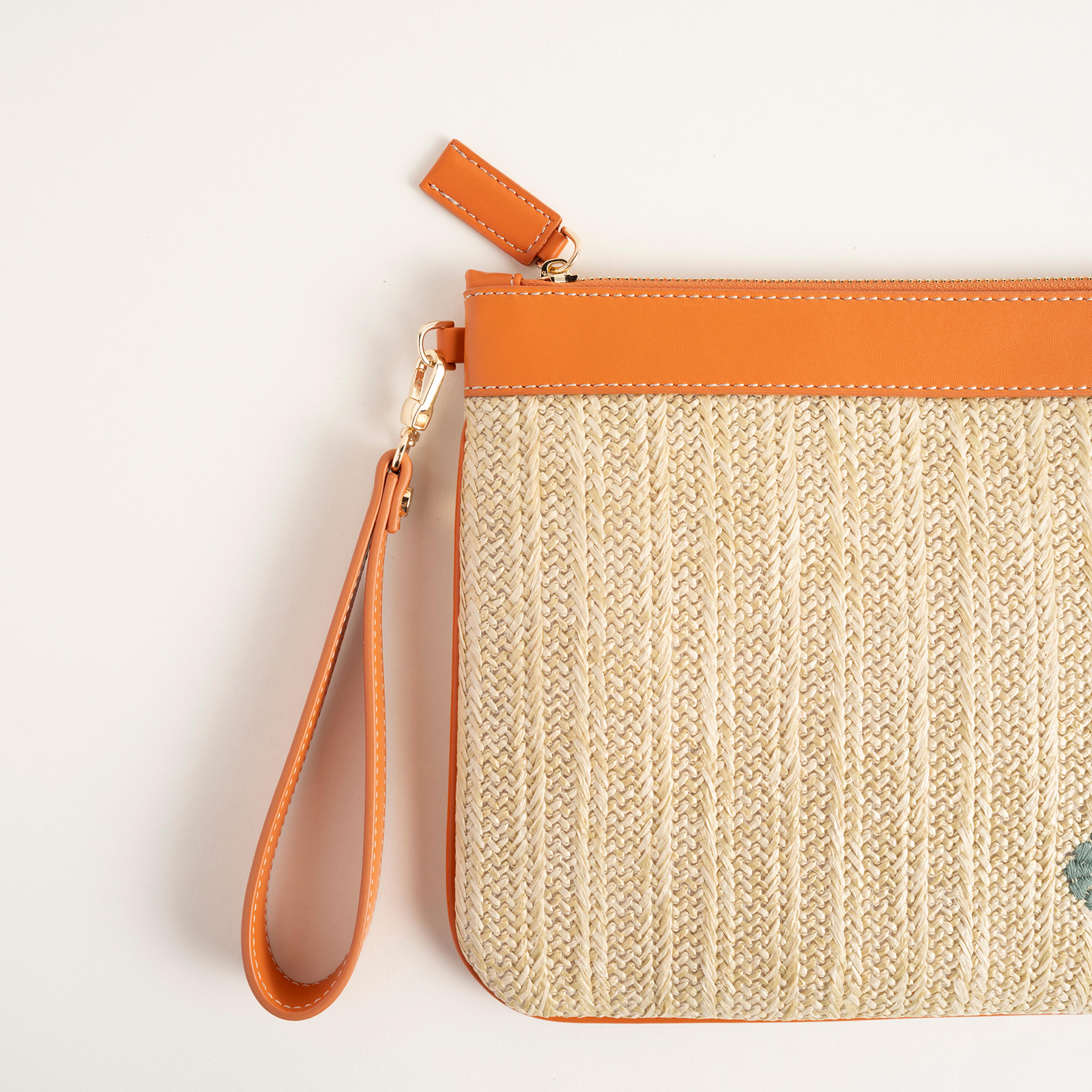 Burgaz Nakışlı Rafya %100 Rafya Çanta 34x25 Cm Natural - Turuncu