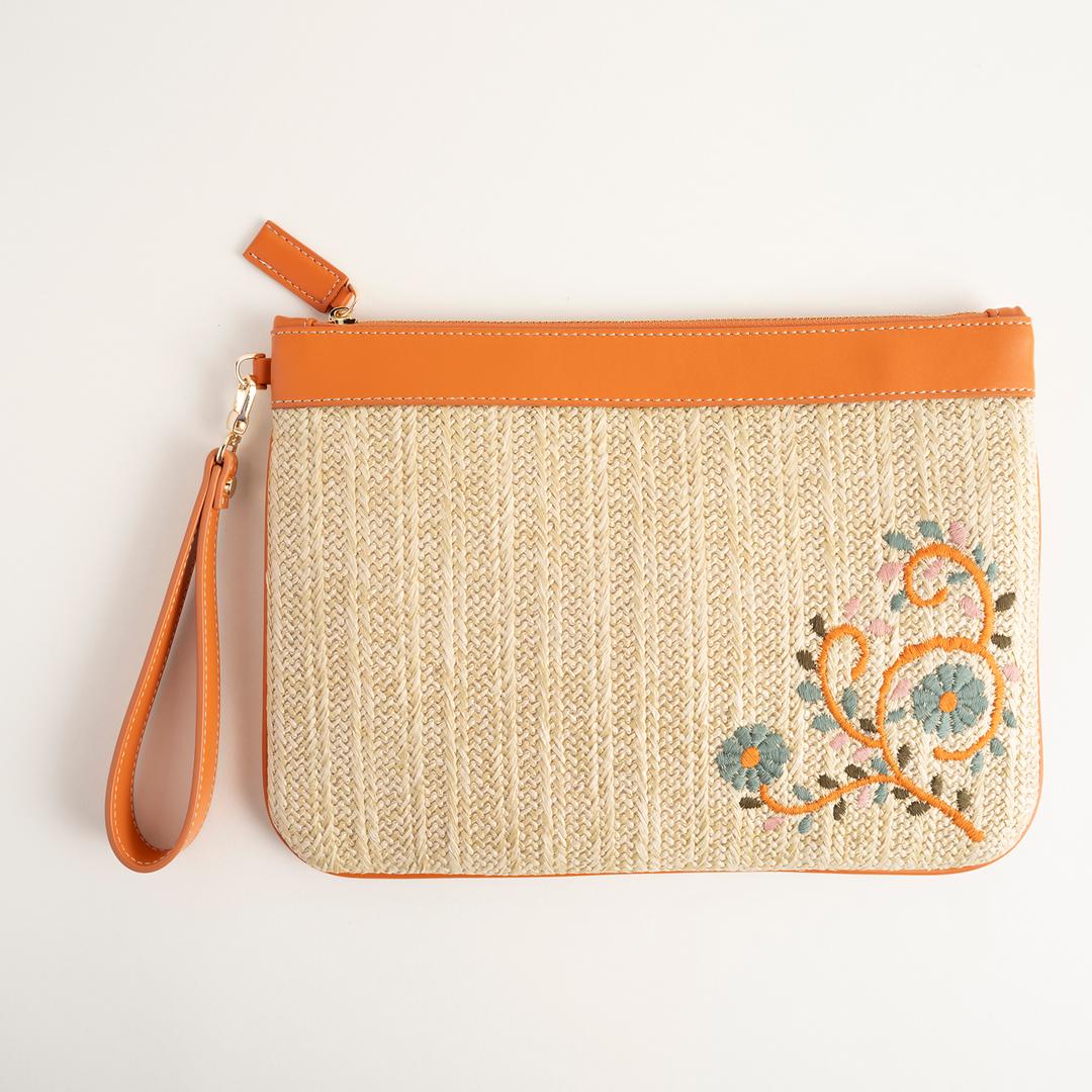 Burgaz Nakışlı Rafya %100 Rafya Çanta 34x25 Cm Natural - Turuncu