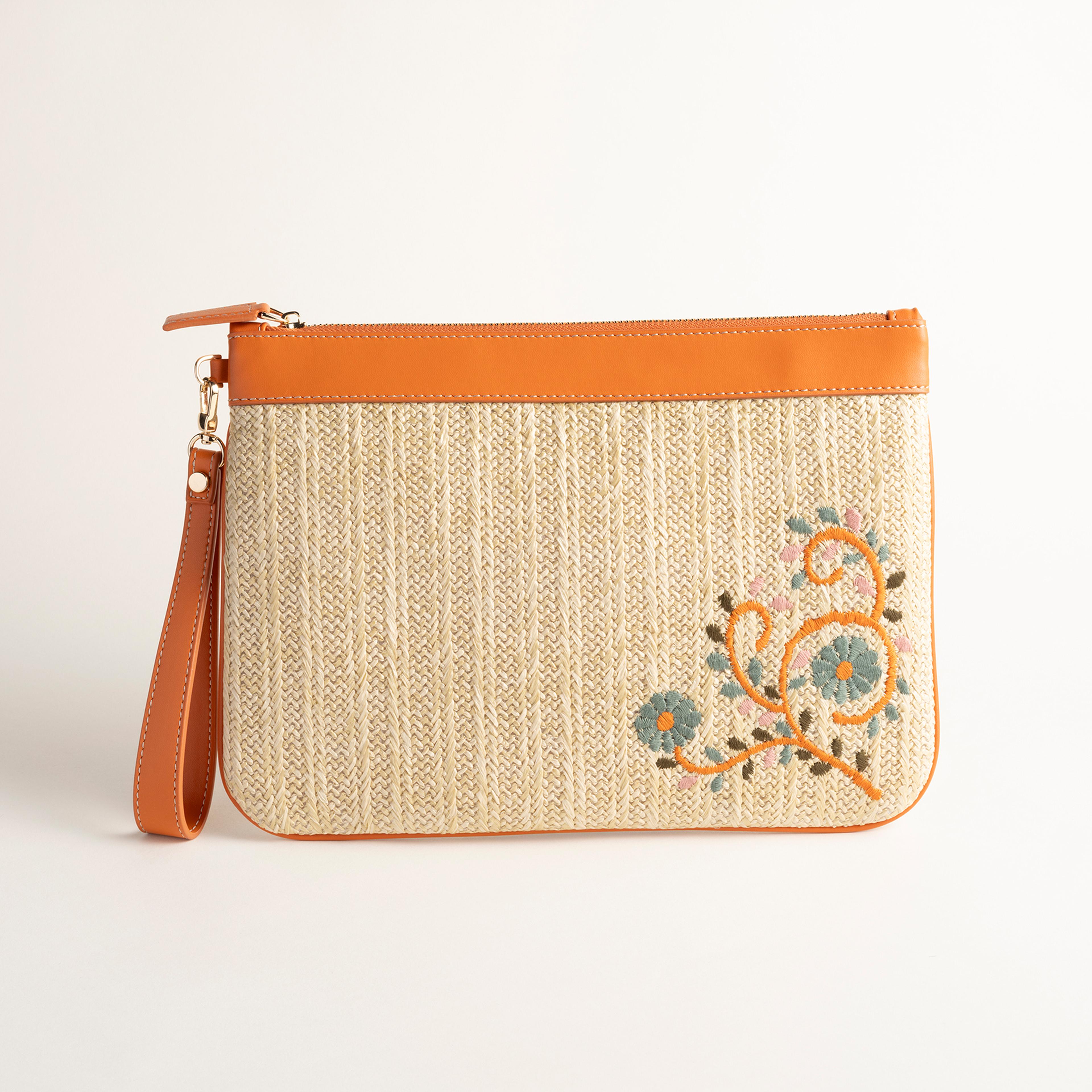 Burgaz Nakışlı Rafya %100 Rafya Çanta 34x25 Cm Natural - Turuncu