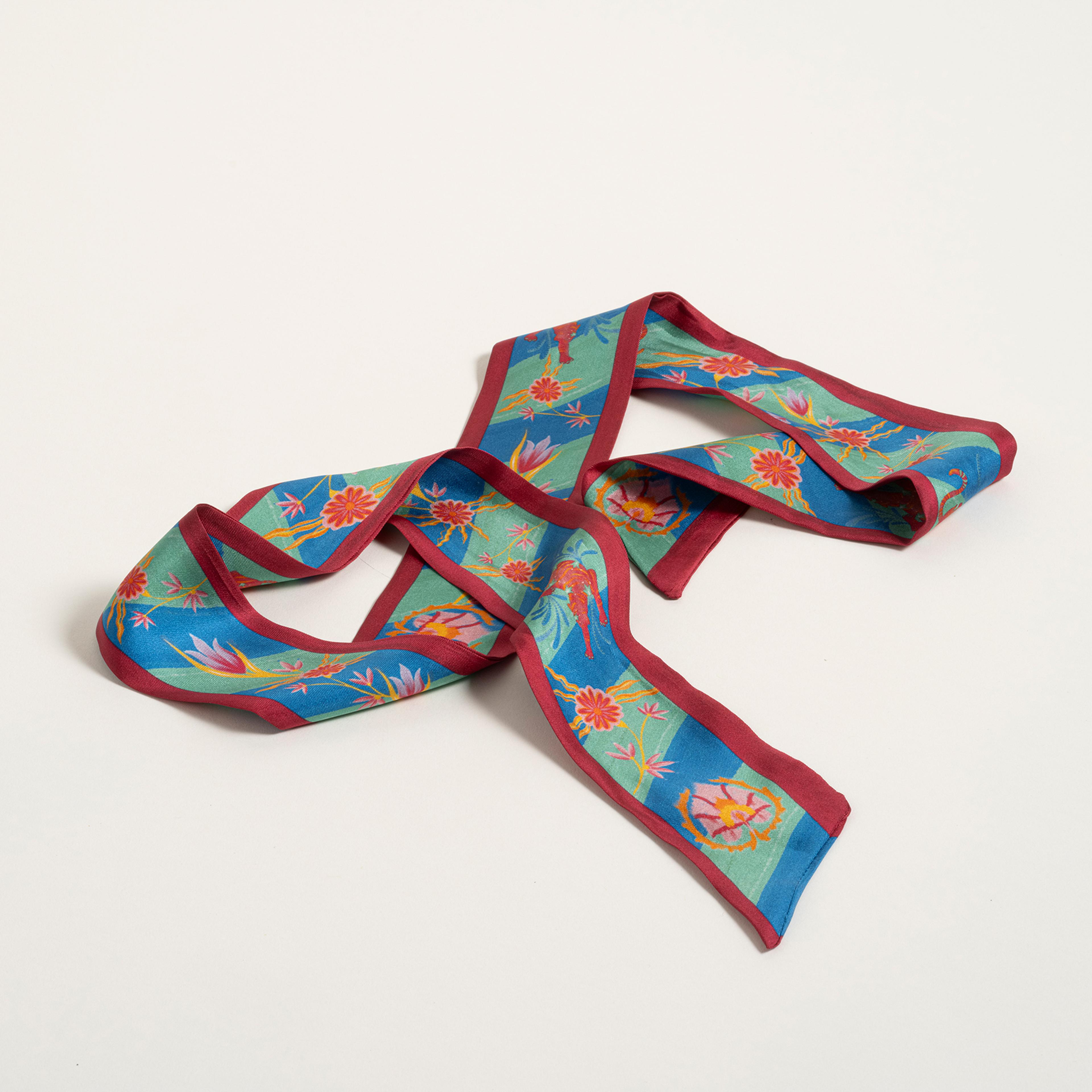 Pera Dijital Baskılı %100 İpek Fular 6x120 Cm Yeşil/mavi