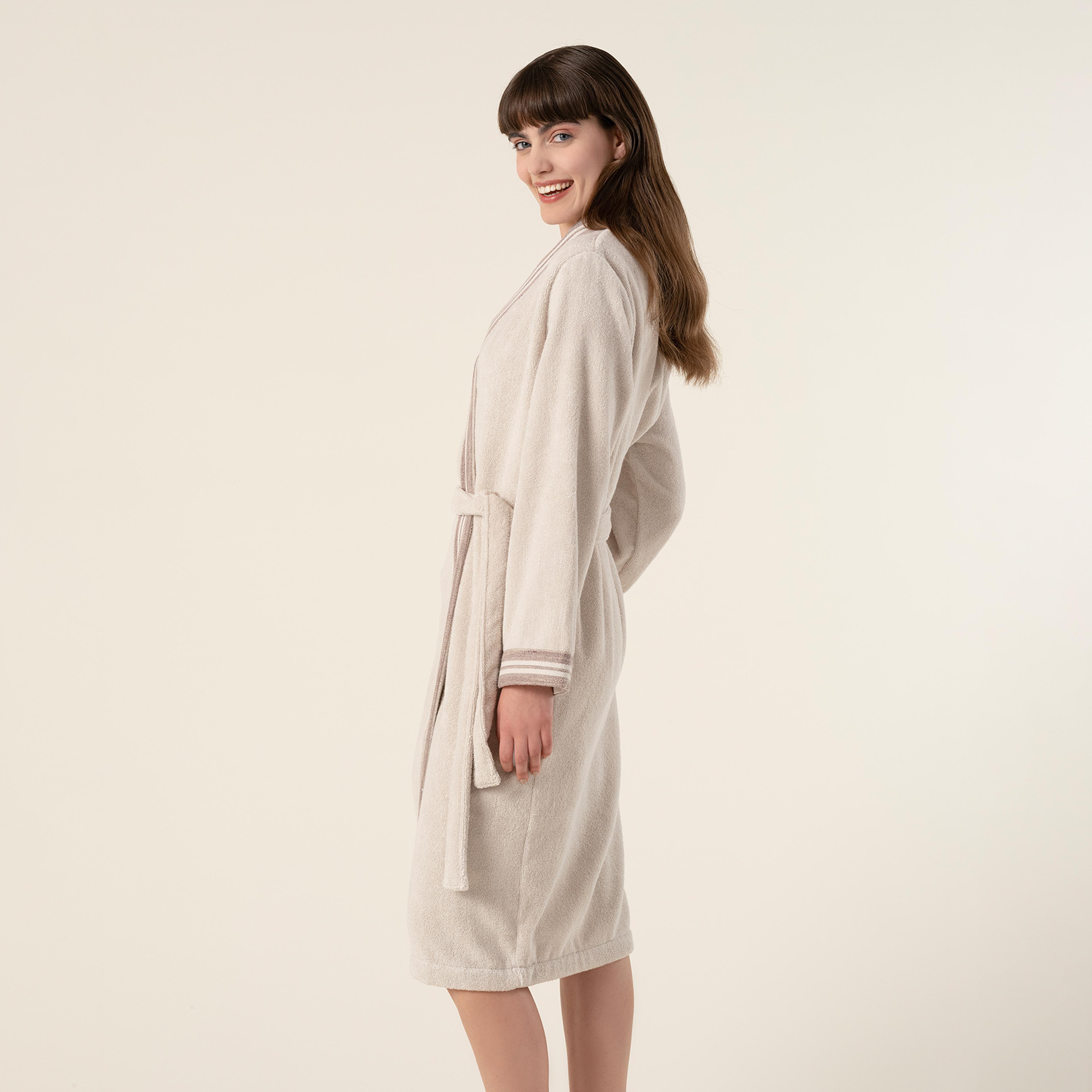 Vıseu Jakar Bordürlü Pamuk %100 Pamuk Bornoz Small Beden Bej