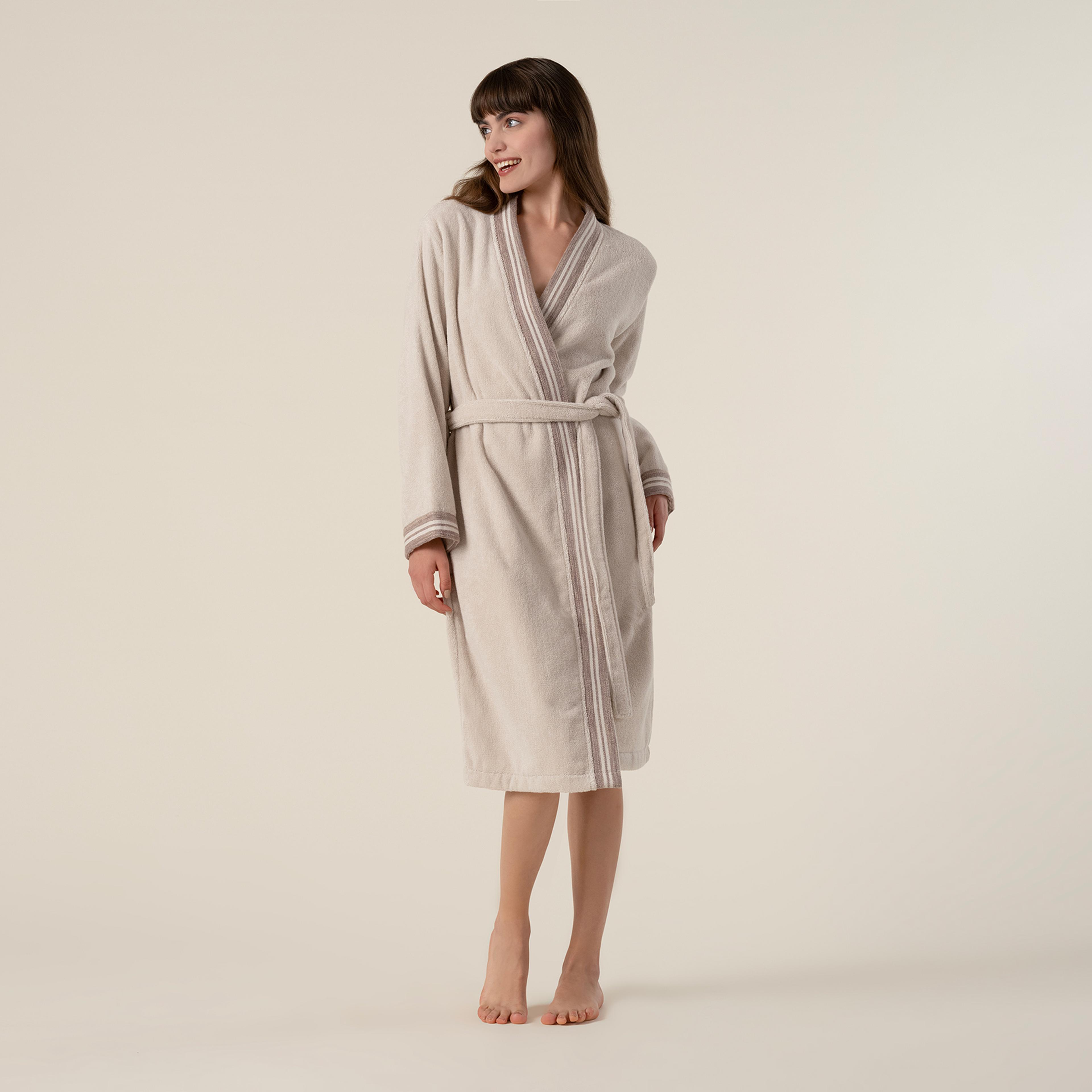 Vıseu Jakar Bordürlü Pamuk %100 Pamuk Bornoz Medıum Beden Bej