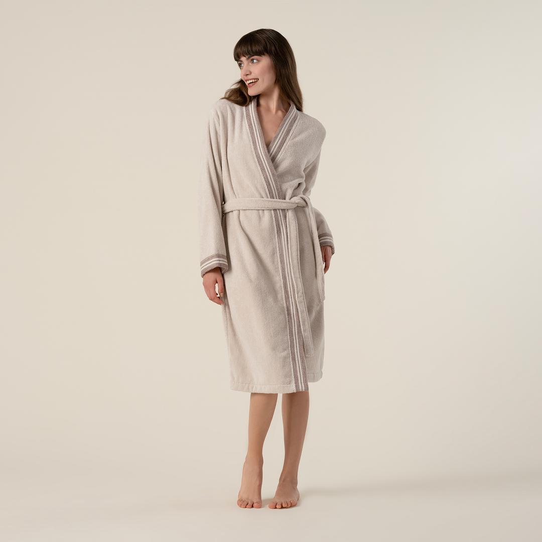 Vıseu Jakar Bordürlü Pamuk %100 Pamuk Bornoz Large Beden Bej