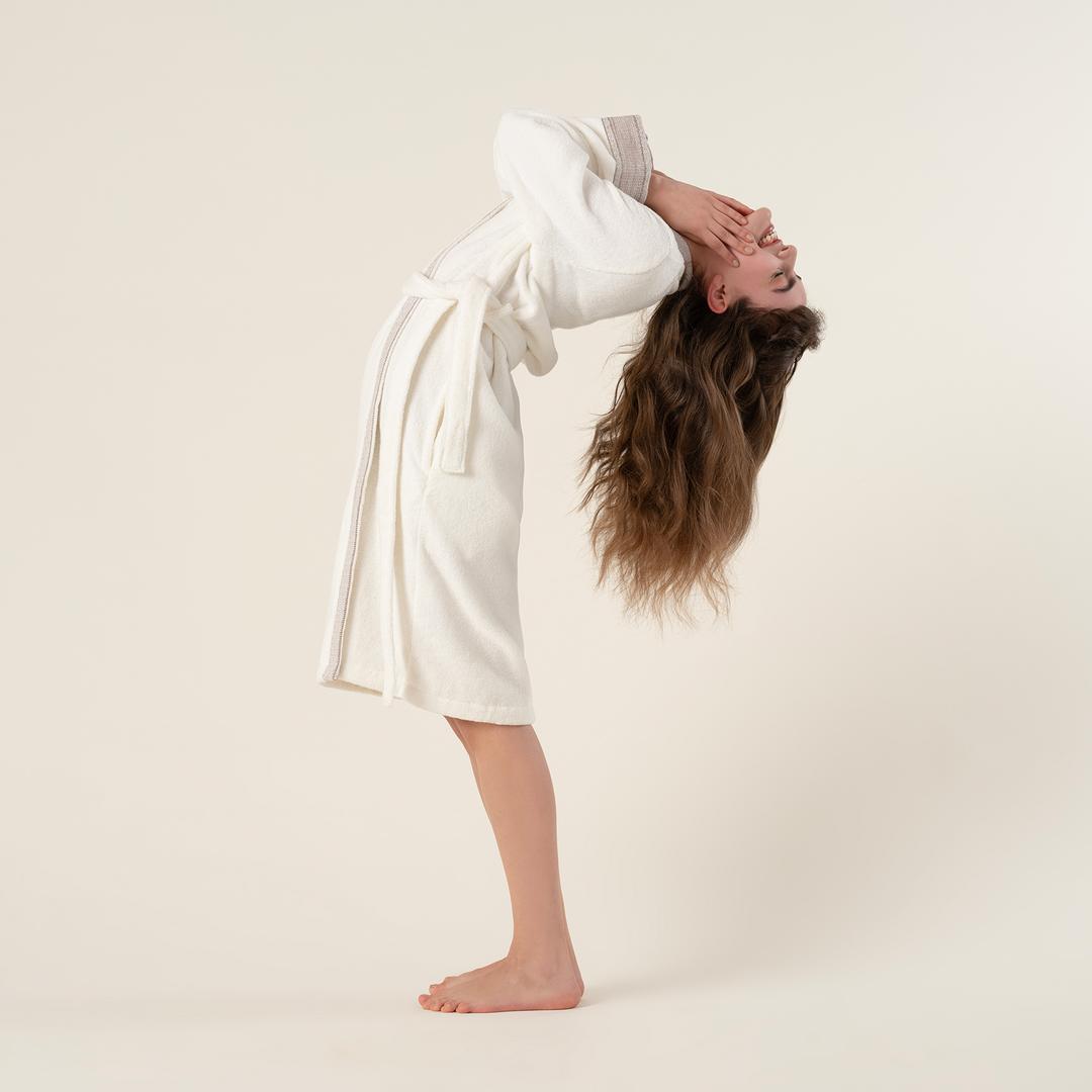 Vıseu Saçaklı Jakar Bordürlü Pamuk %100 Pamuk Bornoz Large Beden Ekru