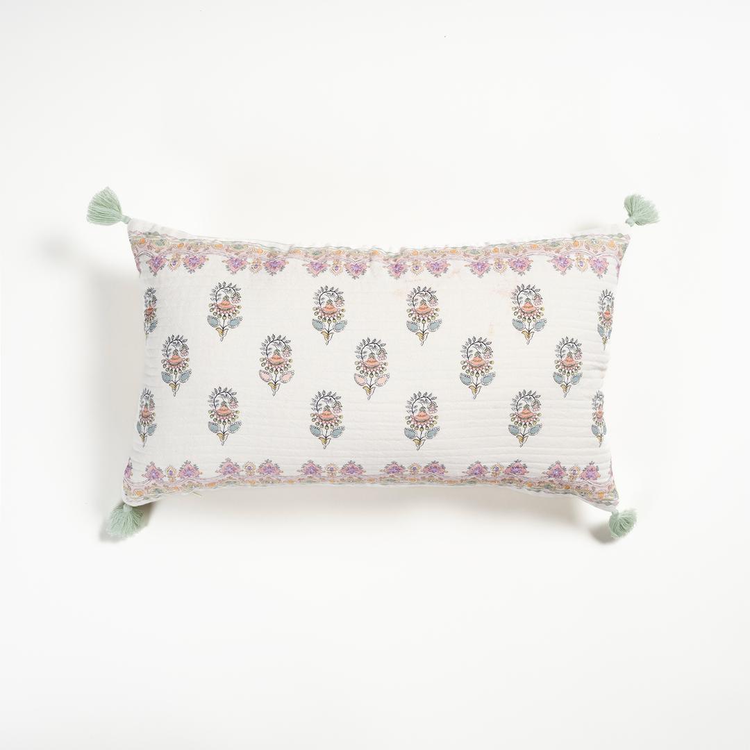 Nilüfer Püsküllü Baskılı Pamuk %100 Pamuk Dolgulu Kırlent 30x50 Cm Ekru