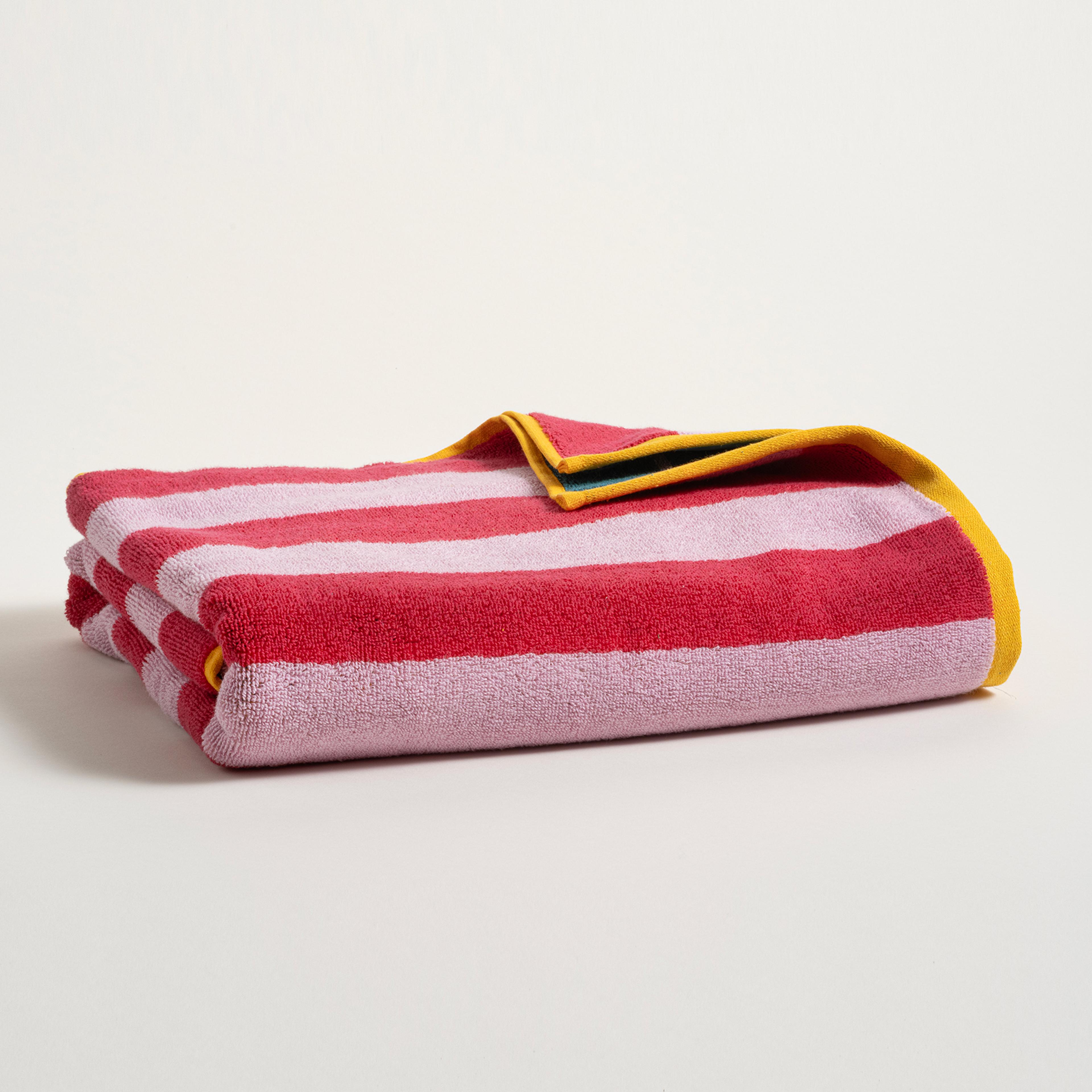 Ornaz İplik Boyalı Dar Çizgili Pamuk %100 Pamuk Banyo Havlusu 90x150 Cm Pembe - Yeşil