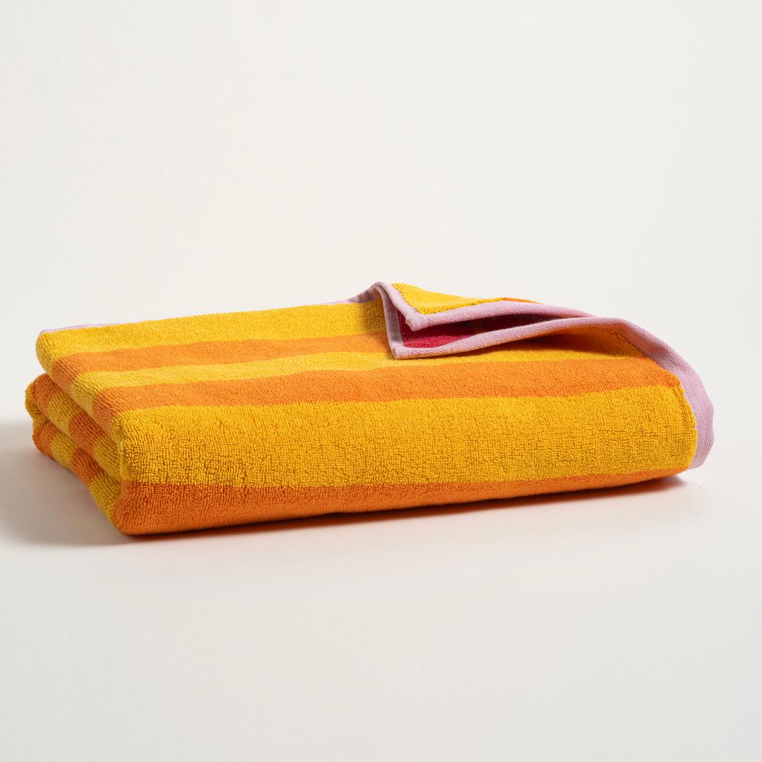Ornaz İplik Boyalı Dar Çizgili Pamuk %100 Pamuk Banyo Havlusu 90x150 Cm Sarı - Pembe