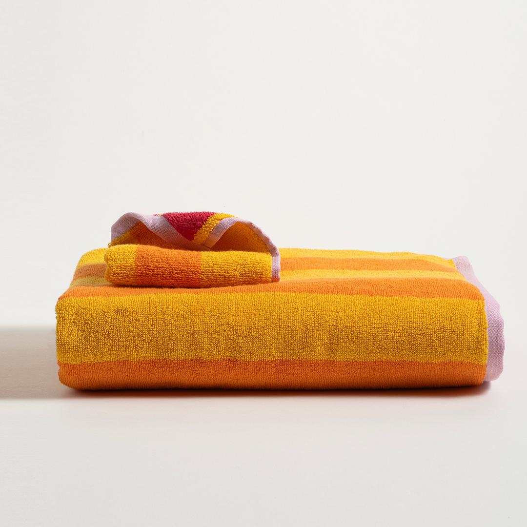Ornaz İplik Boyalı Dar Çizgili Pamuk %100 Pamuk Banyo Havlusu 90x150 Cm Sarı - Pembe