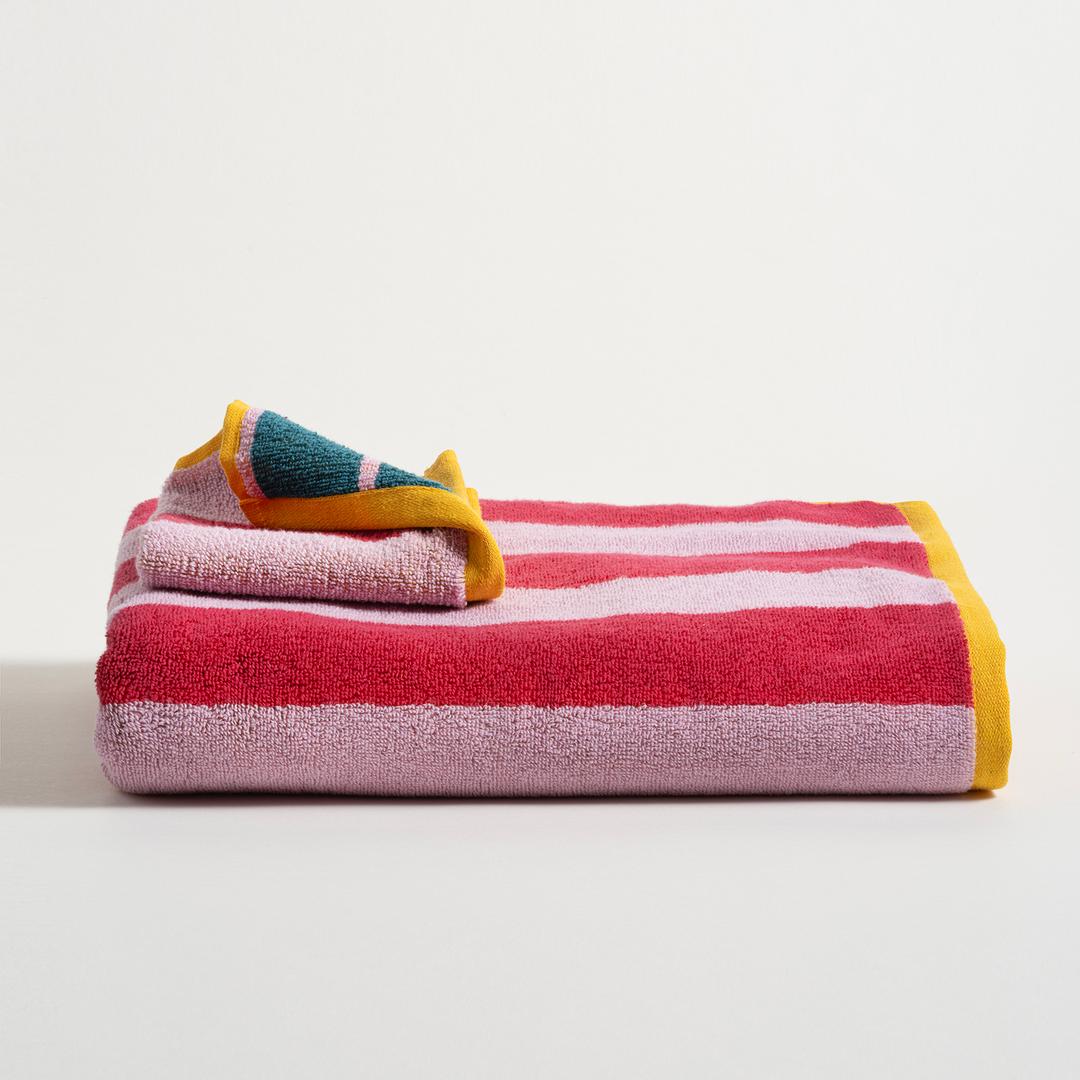 Ornaz İplik Boyalı Geniş Çizgili Pamuk %100 Pamuk El Havlusu 30x30 Cm Pembe - Yeşil