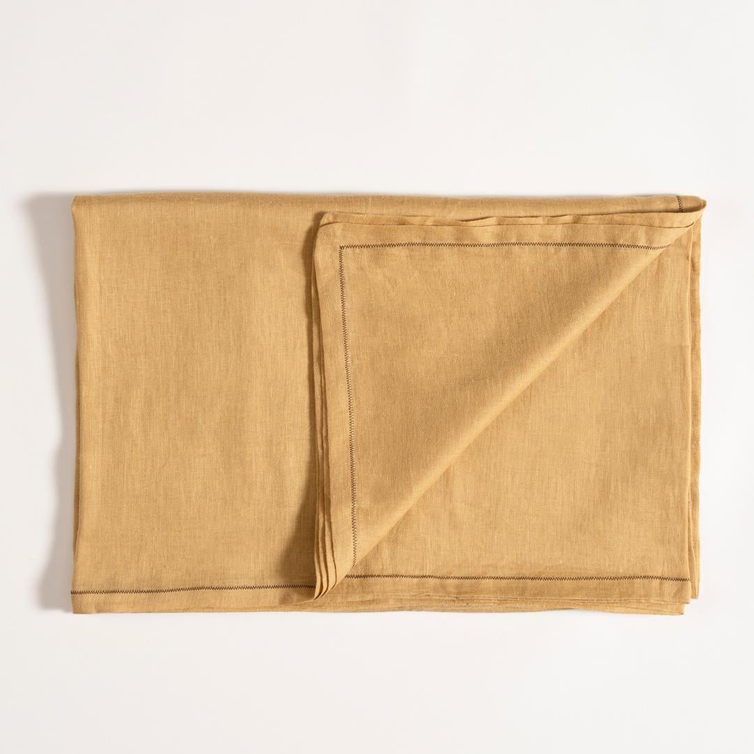 Nilüfer Zigzag Nakışlı Keten %100 Keten Masa Örtüsü 160x240 Cm Sarı