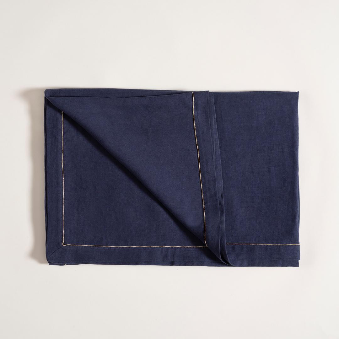 Nilüfer Zincir Kenarlı Keten %100 Keten Masa Örtüsü 150x220 Cm Lacivert