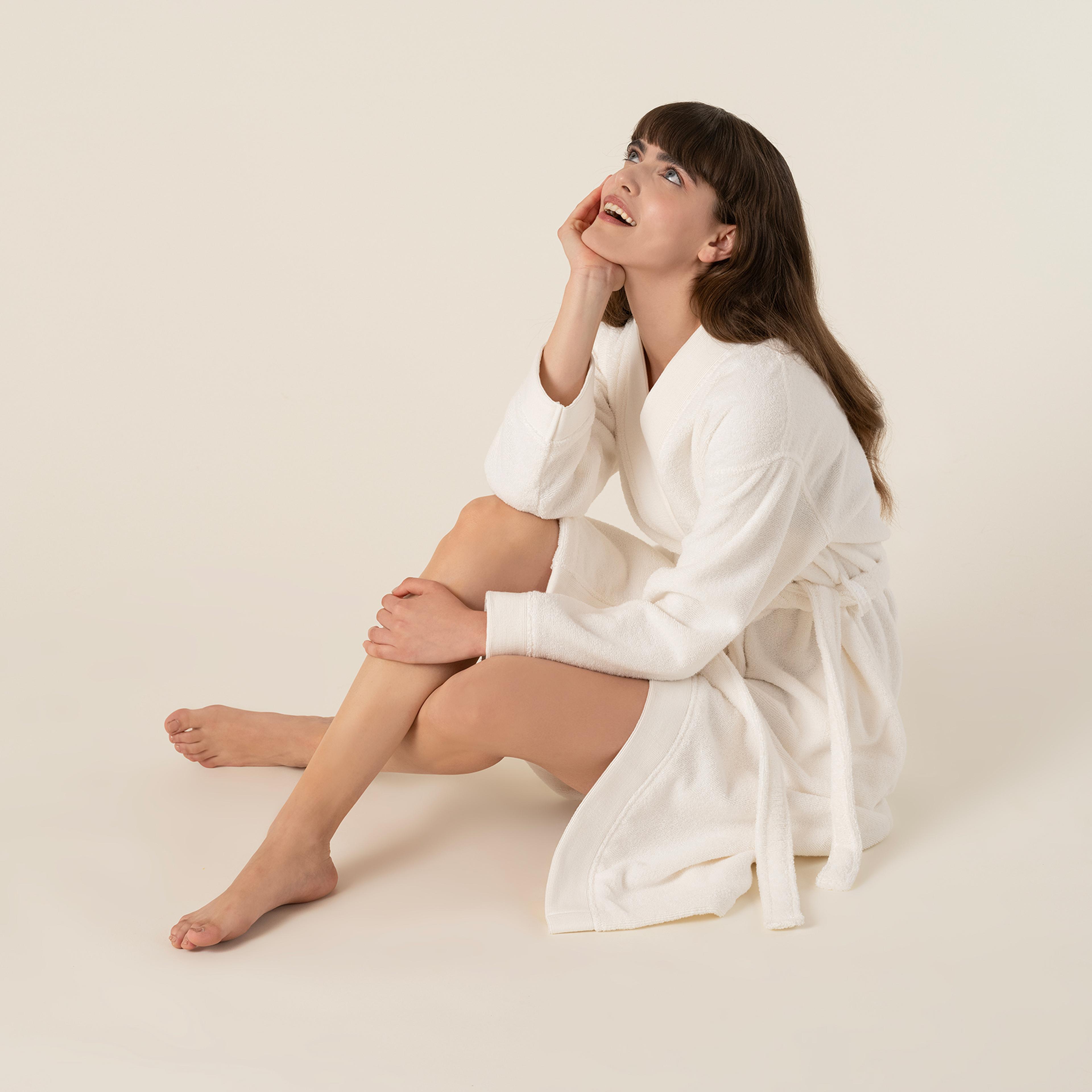 Solıd Bordürlü Pamuk %100 Pamuk Bornoz Medıum Beden Ekru