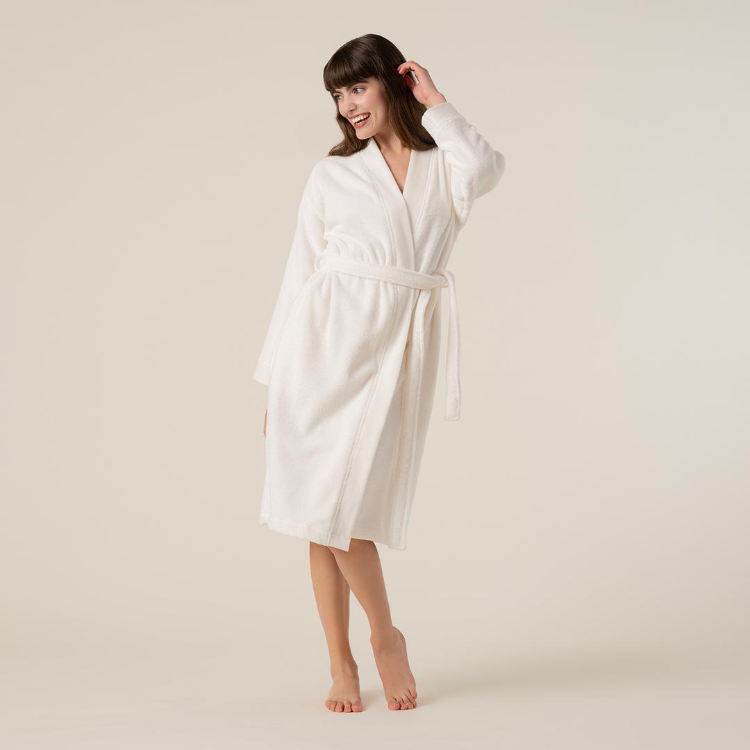 Solıd Bordürlü Pamuk %100 Pamuk Bornoz Medıum Beden Ekru